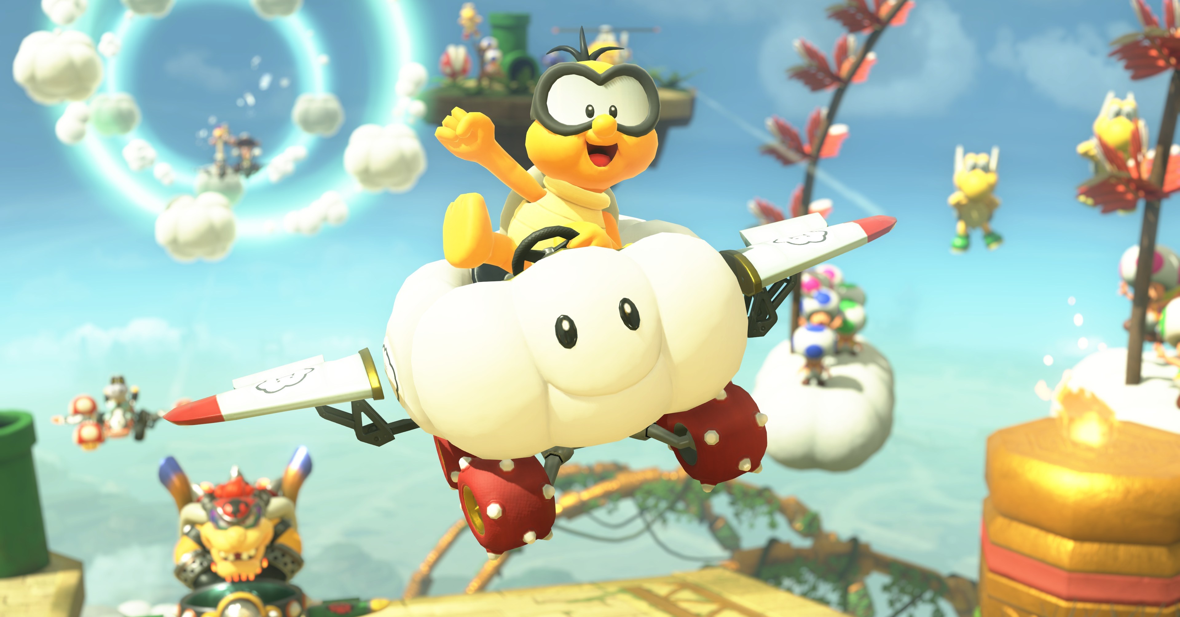 Lakitu voando em sua nuvem em forma de kart alada em Mario Kart World Lakitu voando em sua nuvem em forma de kart alada em Mario Kart World