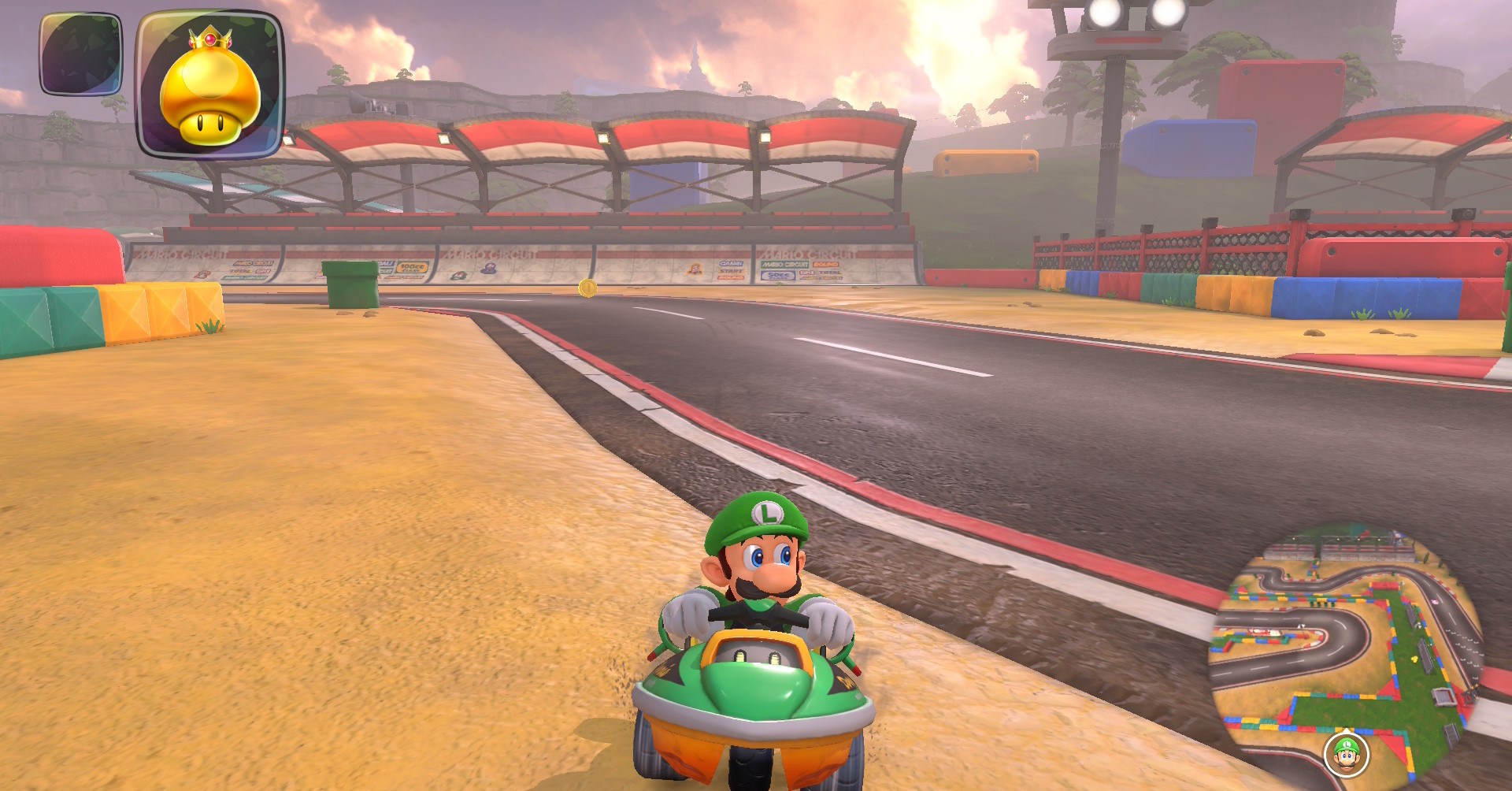 Luigi no circuito de Mario em Mario Kart World Luigi no circuito de Mario em Mario Kart World