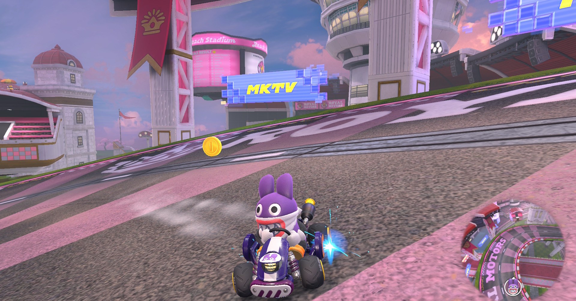 Nabbit no circuito de pêssego em Mario Kart World Nabbit no circuito de pêssego em Mario Kart World