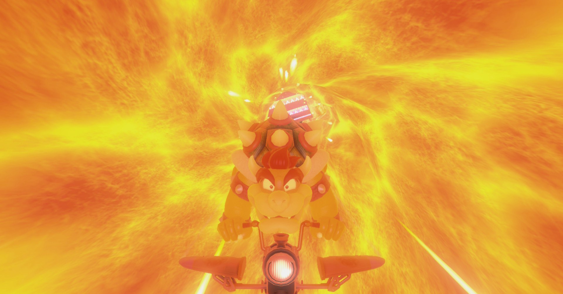 Bowser voando através de um túnel de lava e parecendo bastante assustado com isso em Mario Kart World Bowser voando através de um túnel de lava e parecendo bastante assustado com isso em Mario Kart World