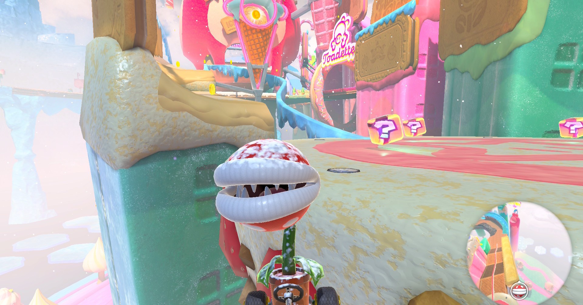 Uma fábrica de piranha coberta de neve em Mario Kart World Uma fábrica de piranha coberta de neve em Mario Kart World