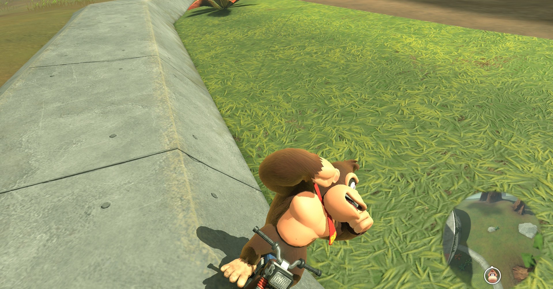 Donkey Kong andando de bicicleta em um ângulo de aparência perigosa em Mario Kart World Donkey Kong andando de bicicleta em um ângulo de aparência perigosa em Mario Kart World