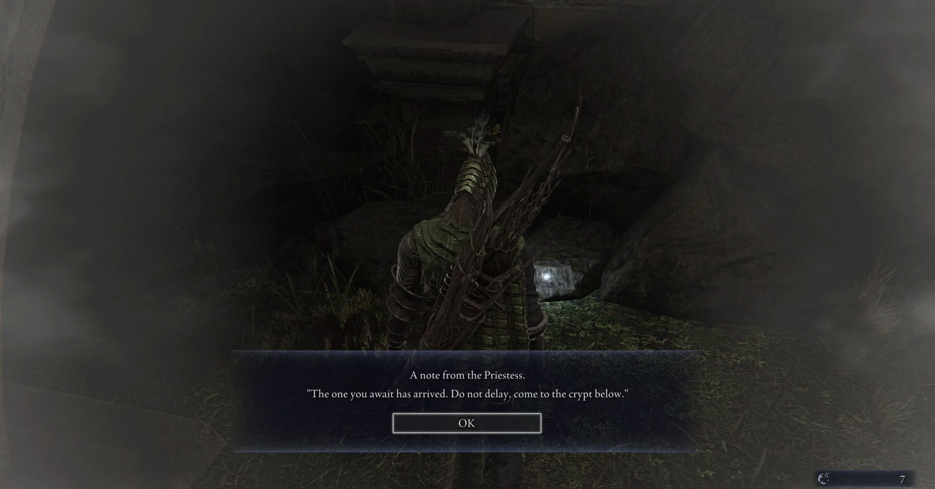 Uma captura de tela de Elden Ring Nightreign mostrando o personagem de Ironeye lendo uma nota deixada pela sacerdotisa dizendo: Uma captura de tela de Elden Ring Nightreign mostrando o personagem de Ironeye lendo uma nota deixada pela sacerdotisa dizendo: