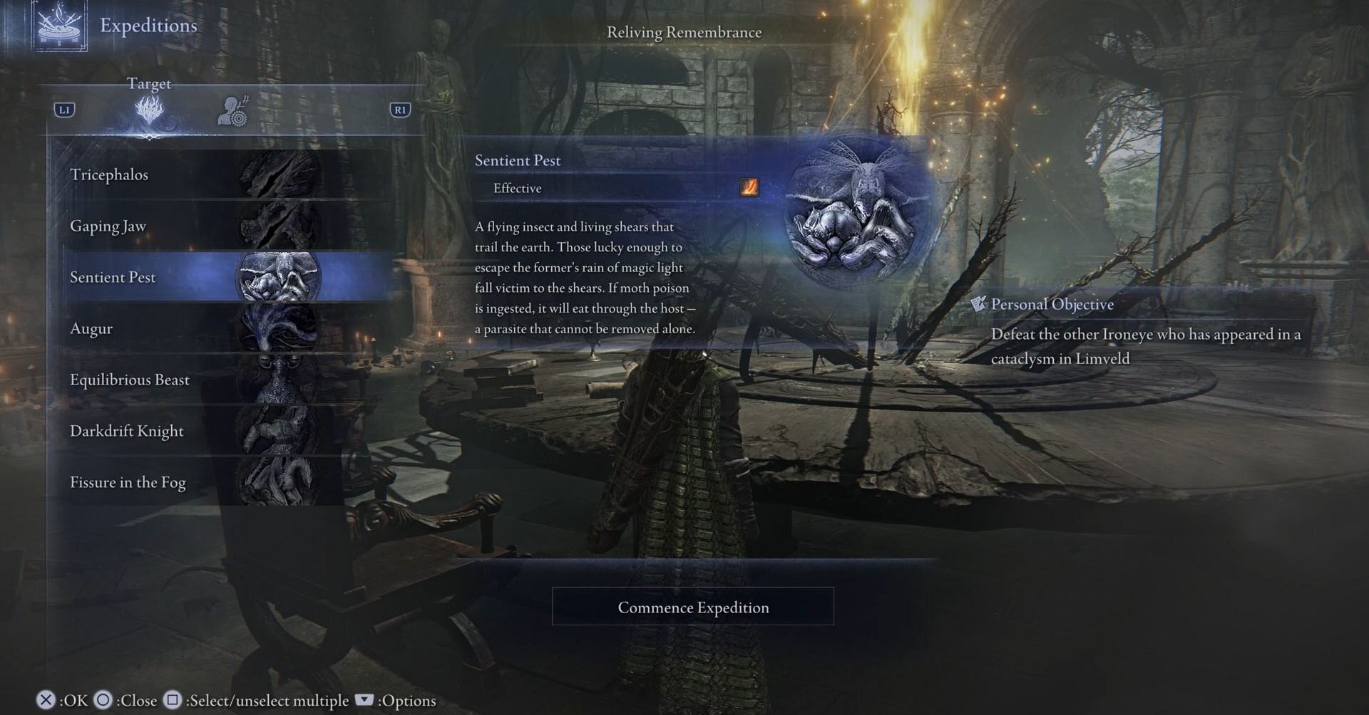 Uma captura de tela de Elden Ring Nightreign mostrando o menu Expeditions, onde você vê uma lista de chefes e a descrição da primeira missão de lembrança de Ironeye. Uma captura de tela de Elden Ring Nightreign mostrando o menu Expeditions, onde você vê uma lista de chefes e a descrição da primeira missão de lembrança de Ironeye.