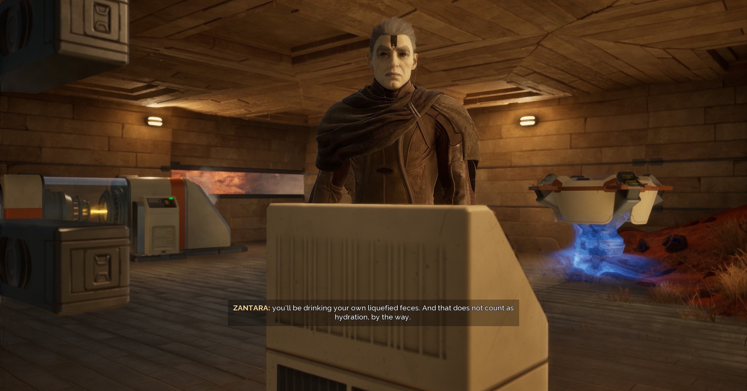 Zantara, guia de Dune Awakening, dizendo ao jogador: “Você 'estará bebendo suas próprias fezes liquificadas. E isso não conta como hidratação, a propósito” Zantara, guia de Dune Awakening, dizendo ao jogador: “Você 'estará bebendo suas próprias fezes liquificadas. E isso não conta como hidratação, a propósito”