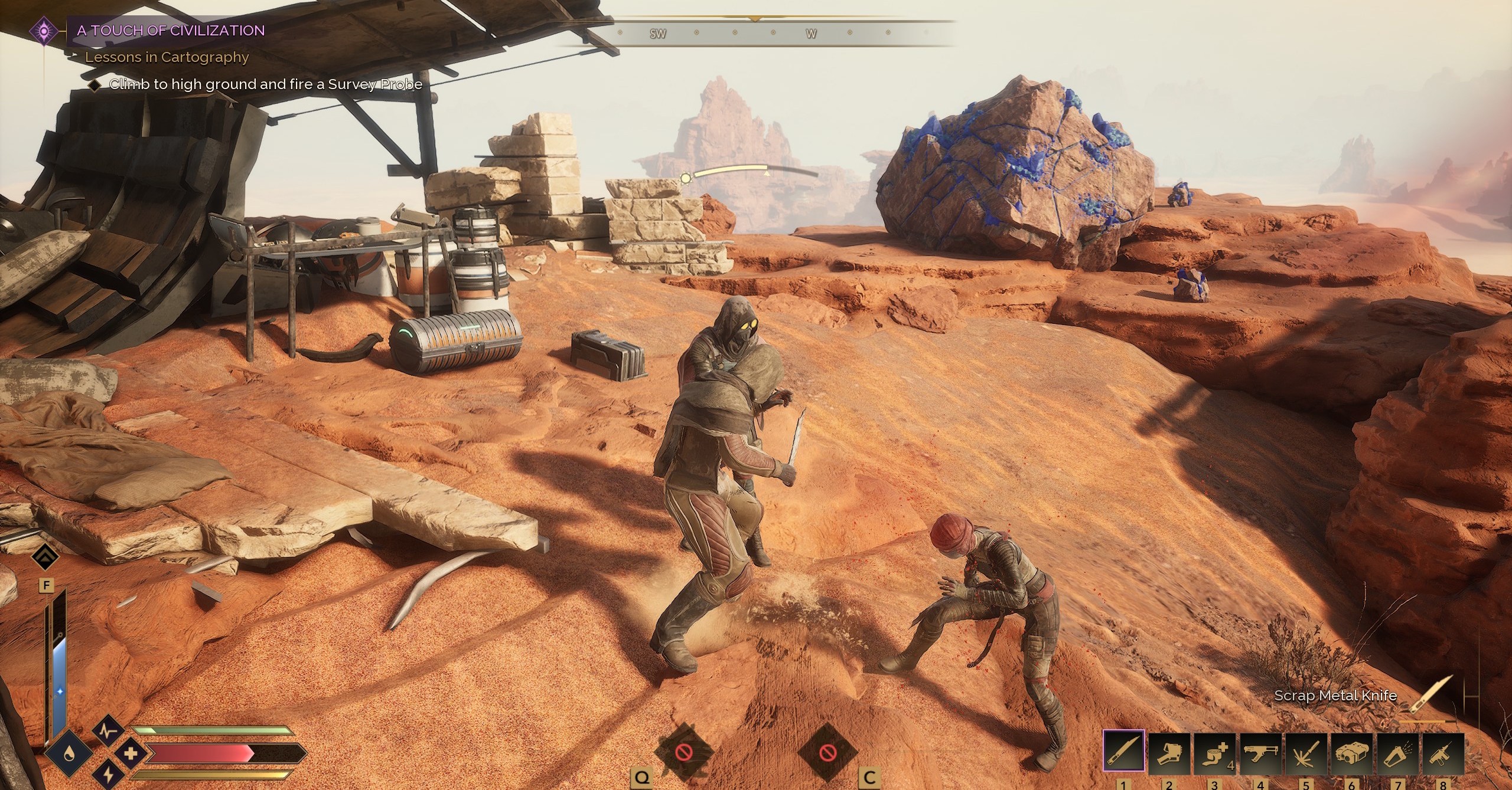 Um jogador de despertar de dunas em uma luta de faca com dois catadores Um jogador de despertar de dunas em uma luta de faca com dois catadores