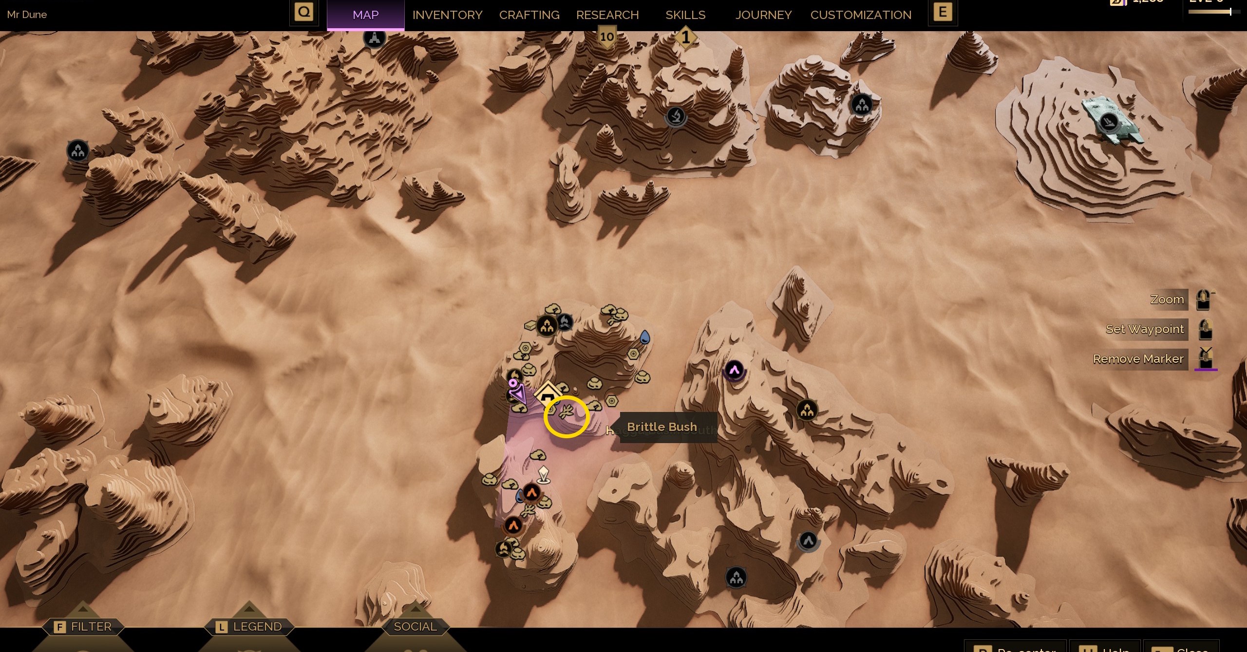 Uma imagem do mapa da bacia de Hagga em Dune Awakening, destacando ícones de recursos de fibra vegetal Uma imagem do mapa da bacia de Hagga em Dune Awakening, destacando ícones de recursos de fibra vegetal