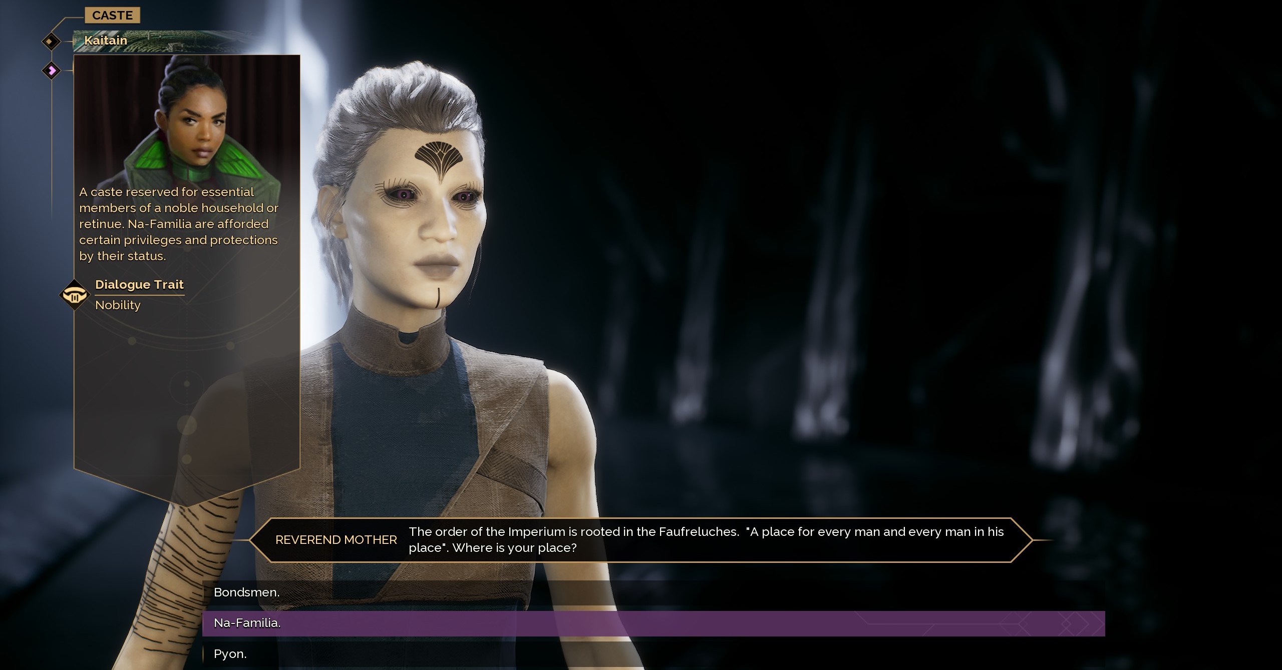 Um personagem de jogador em Dune Awakening, escolhendo a casta nobre na-família como seu fundo Um personagem de jogador em Dune Awakening, escolhendo a casta nobre na-família como seu fundo