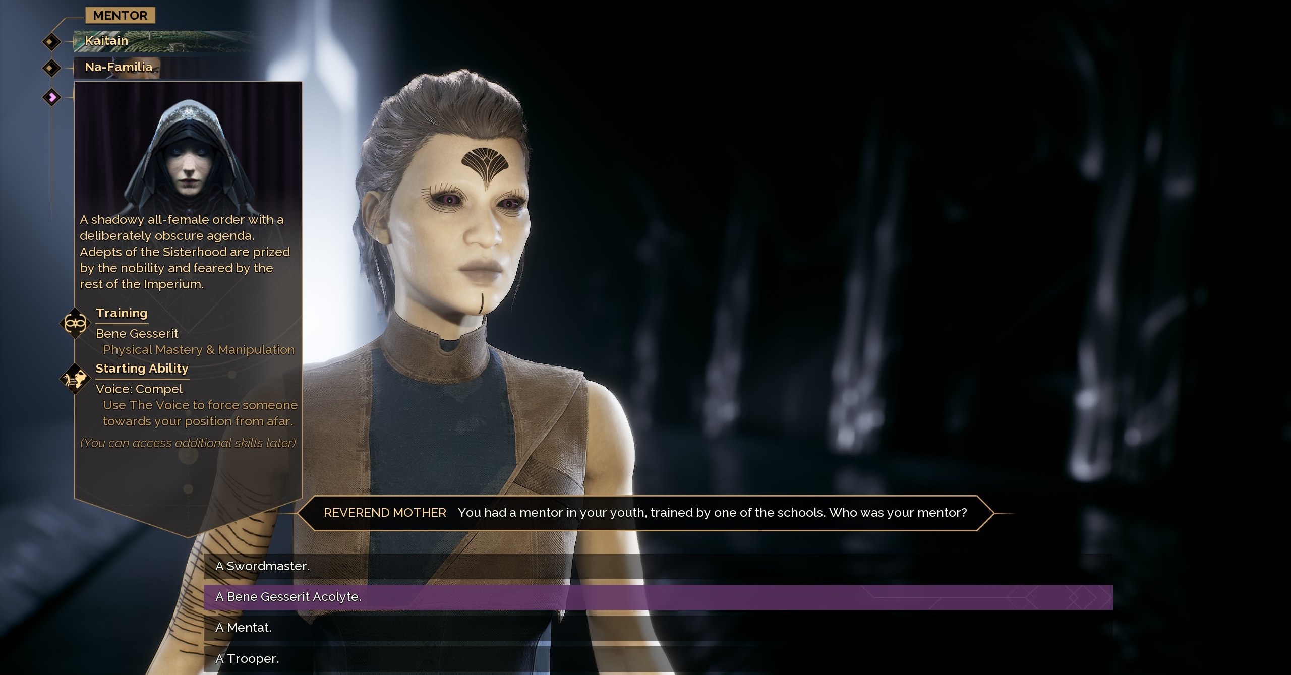 Um personagem em Dune Awakening escolhendo seu mentor de classe inicial Um personagem em Dune Awakening escolhendo seu mentor de classe inicial