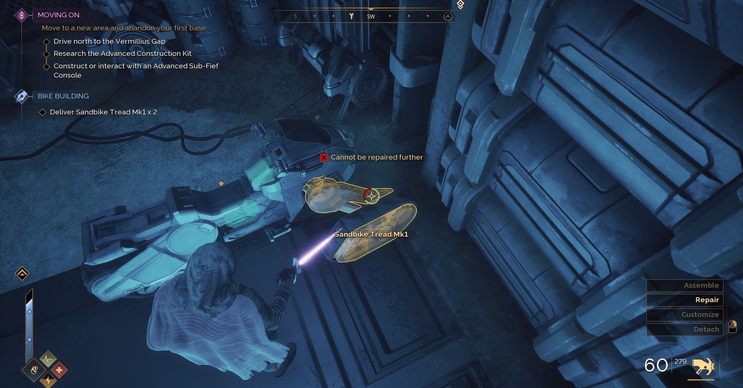 Um personagem em Dune Awakening usando a ferramenta de soldagem para reparar um veículo