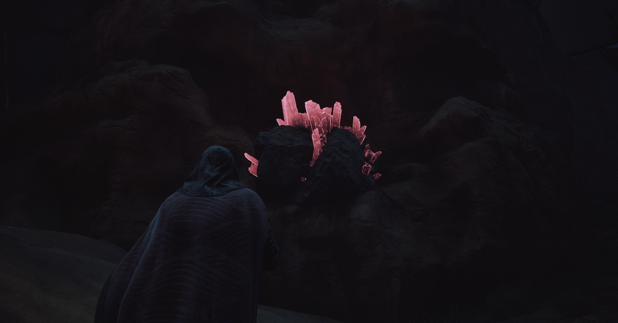 Um personagem de despertar de dunas em pé perto de cristais de eritrite Um personagem de despertar de dunas em pé perto de cristais de eritrite