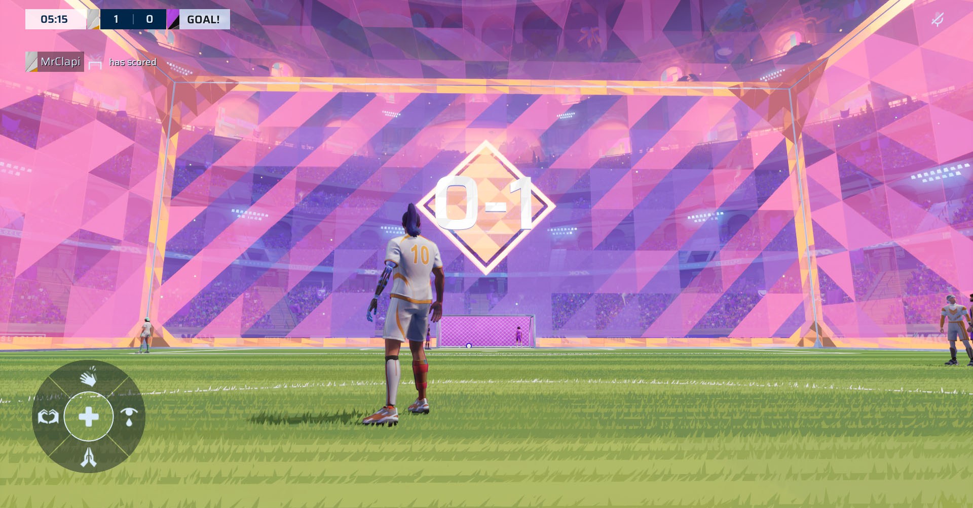 Uma captura de tela revanche mostrando o personagem em campo e a pontuação mostrando nas paredes ao redor do local.