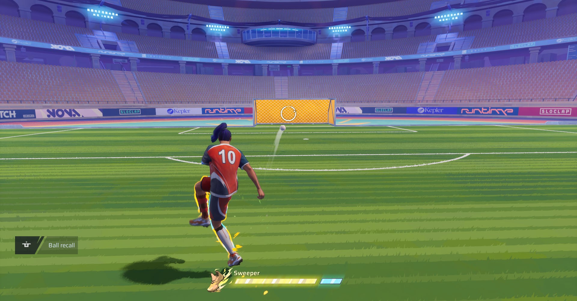 Uma captura de tela revanche mostrando um personagem disparando uma bola curva. Uma captura de tela revanche mostrando um personagem disparando uma bola curva.