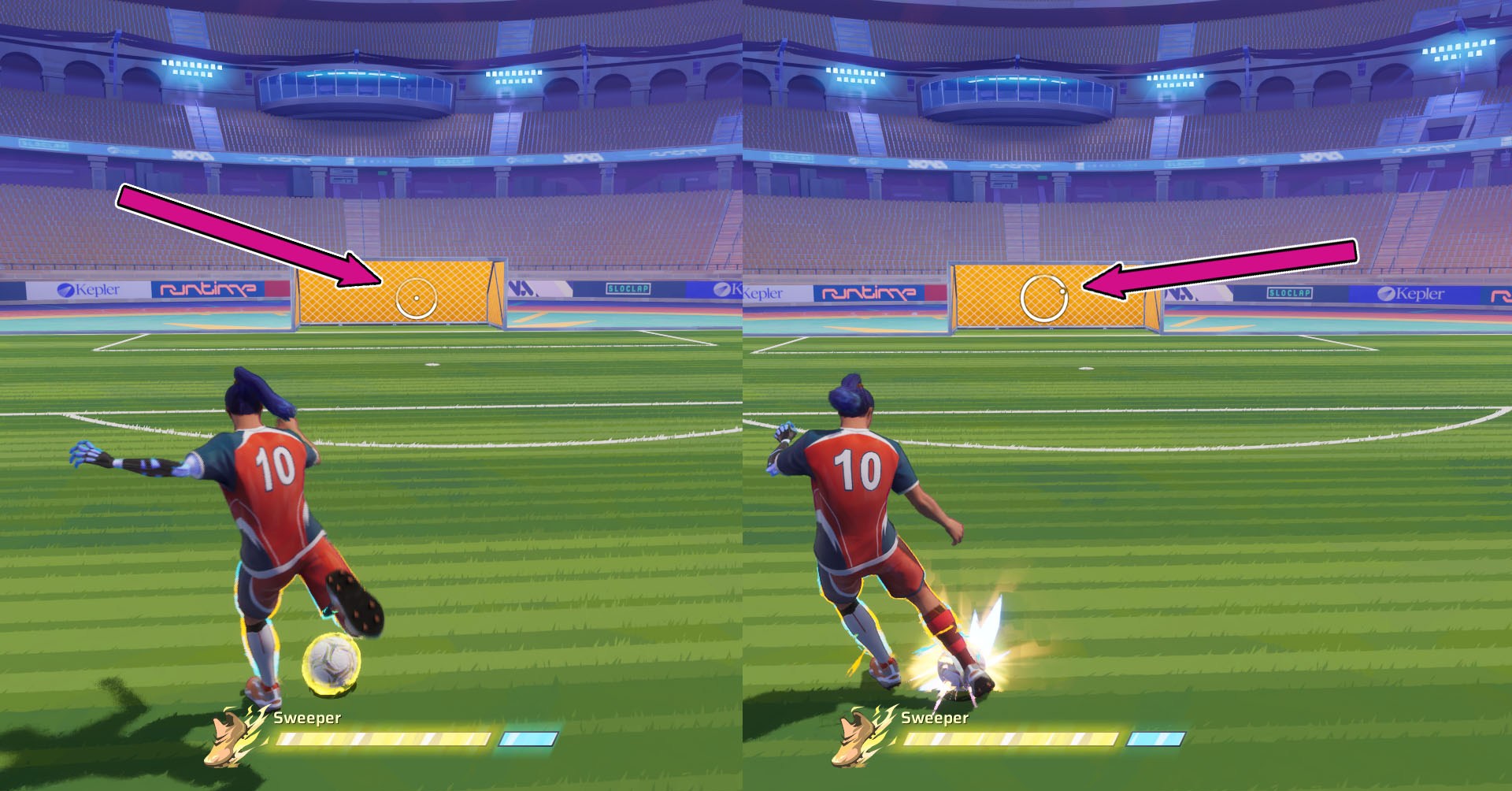 Uma montagem usando duas capturas de tela revanche para explicar como ler a interface do jogo e saber o quão forte é uma sessão e o ângulo que a bola vai seguir. Uma montagem usando duas capturas de tela revanche para explicar como ler a interface do jogo e saber o quão forte é uma sessão e o ângulo que a bola vai seguir.