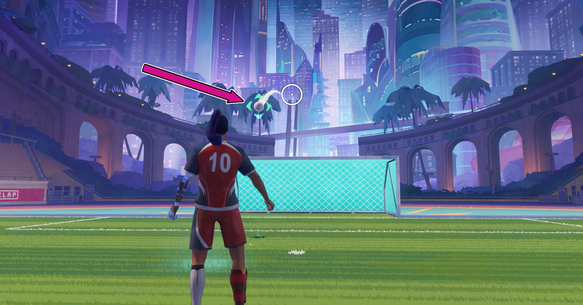 Uma captura de tela revanche mostrando os suportes de luz azul que aparecem ao redor da bola, indicando que você pode acertá -la no ar. Uma captura de tela revanche mostrando os suportes de luz azul que aparecem ao redor da bola, indicando que você pode acertá -la no ar.