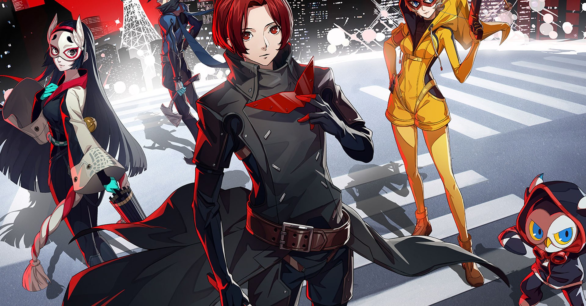 Uma Persona Oficial 5: A imagem Phantom X mostrando o grupo de ladrões Phantom e seu líder, maravilha no centro Uma Persona Oficial 5: A imagem Phantom X mostrando o grupo de ladrões Phantom e seu líder, maravilha no centro