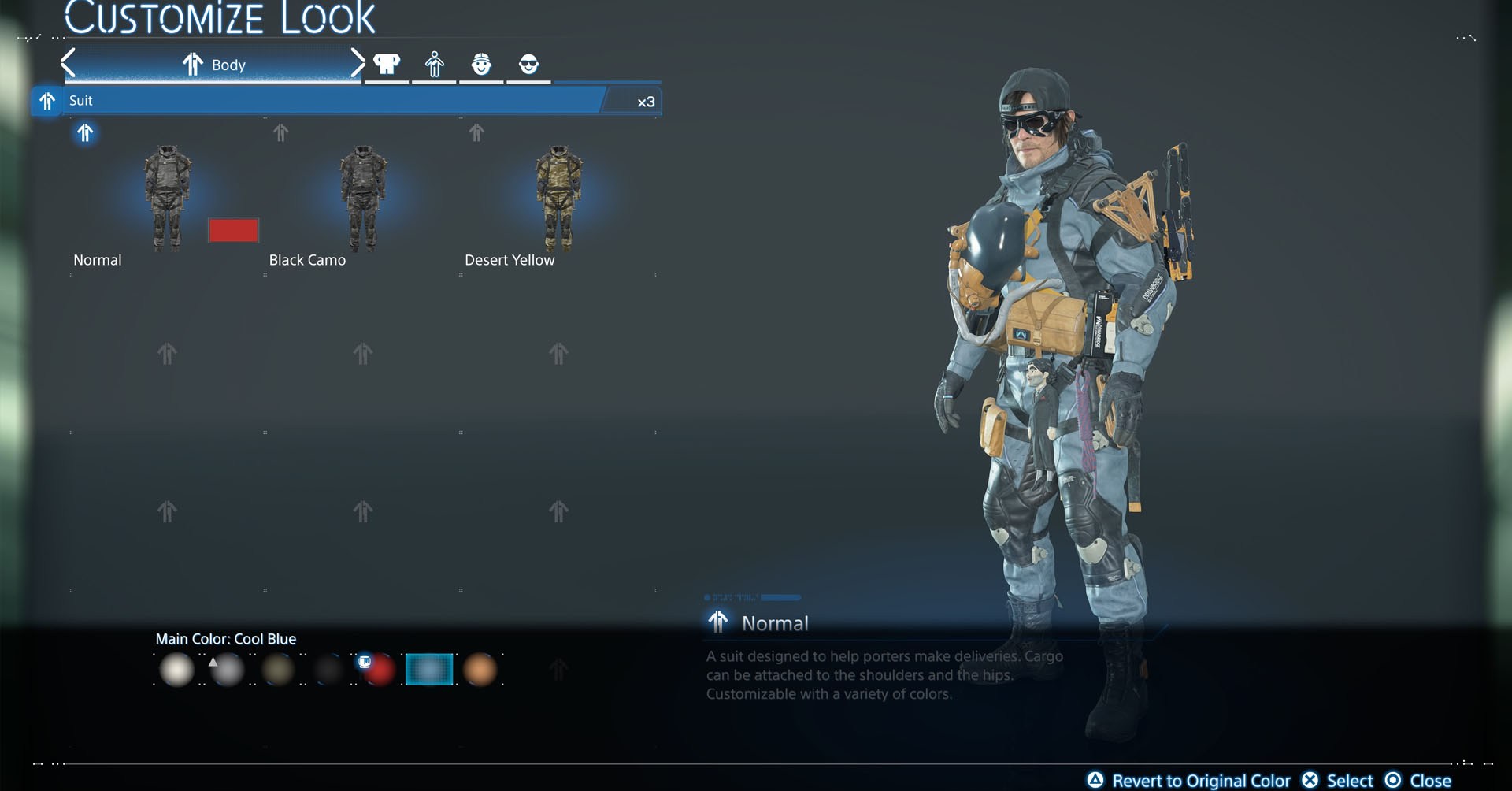 Uma captura de tela de 2 Stranding, mostrando a aparência personalizada, onde você pode ver os ternos que você tem e as cores que você pode pintar o traje normal. Uma captura de tela de 2 Stranding, mostrando a aparência personalizada, onde você pode ver os ternos que você tem e as cores que você pode pintar o traje normal.