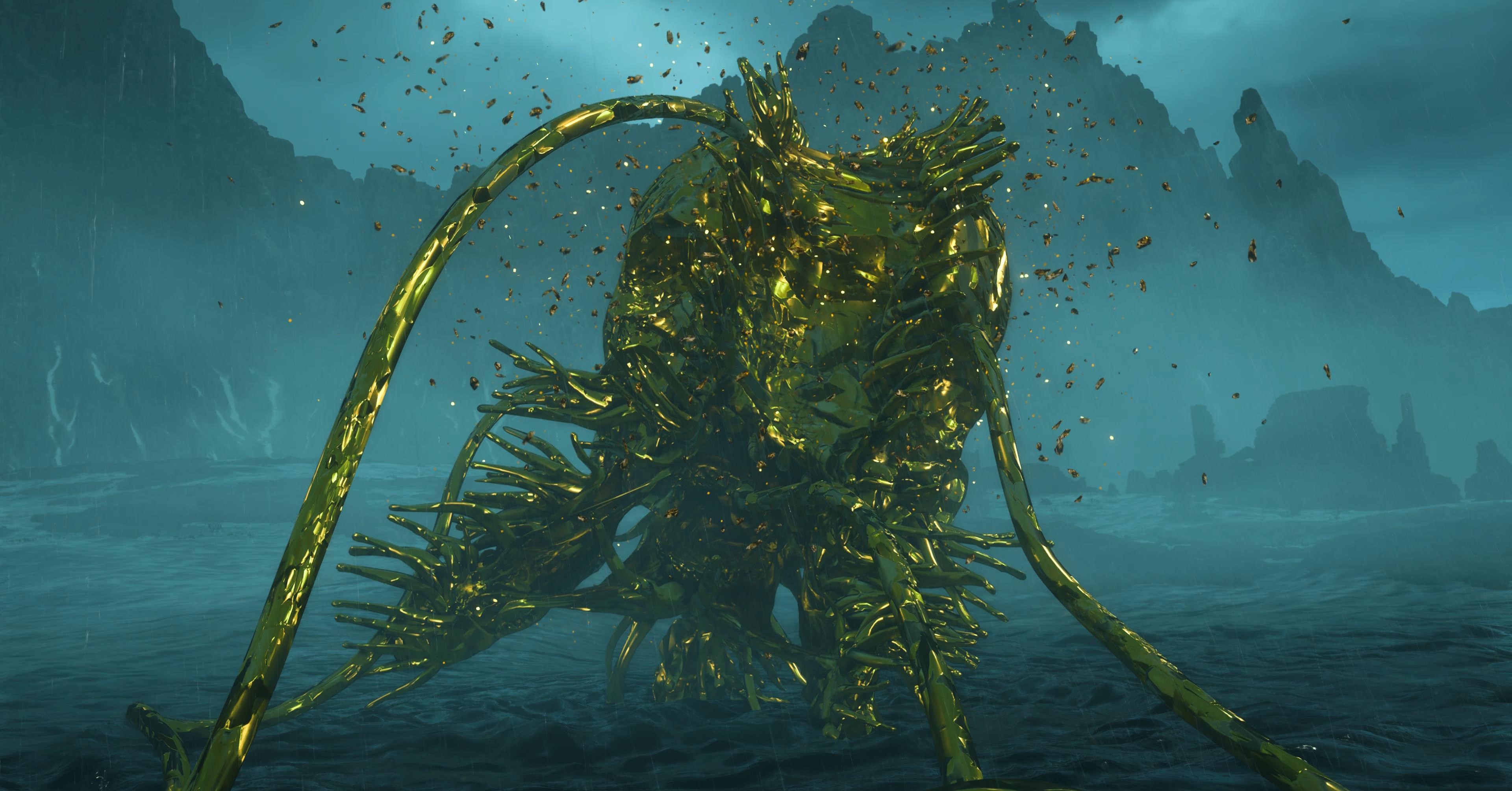 O chefe gigante da BT em Death Stranding 2, transformando -se em uma massa de cristais quirais