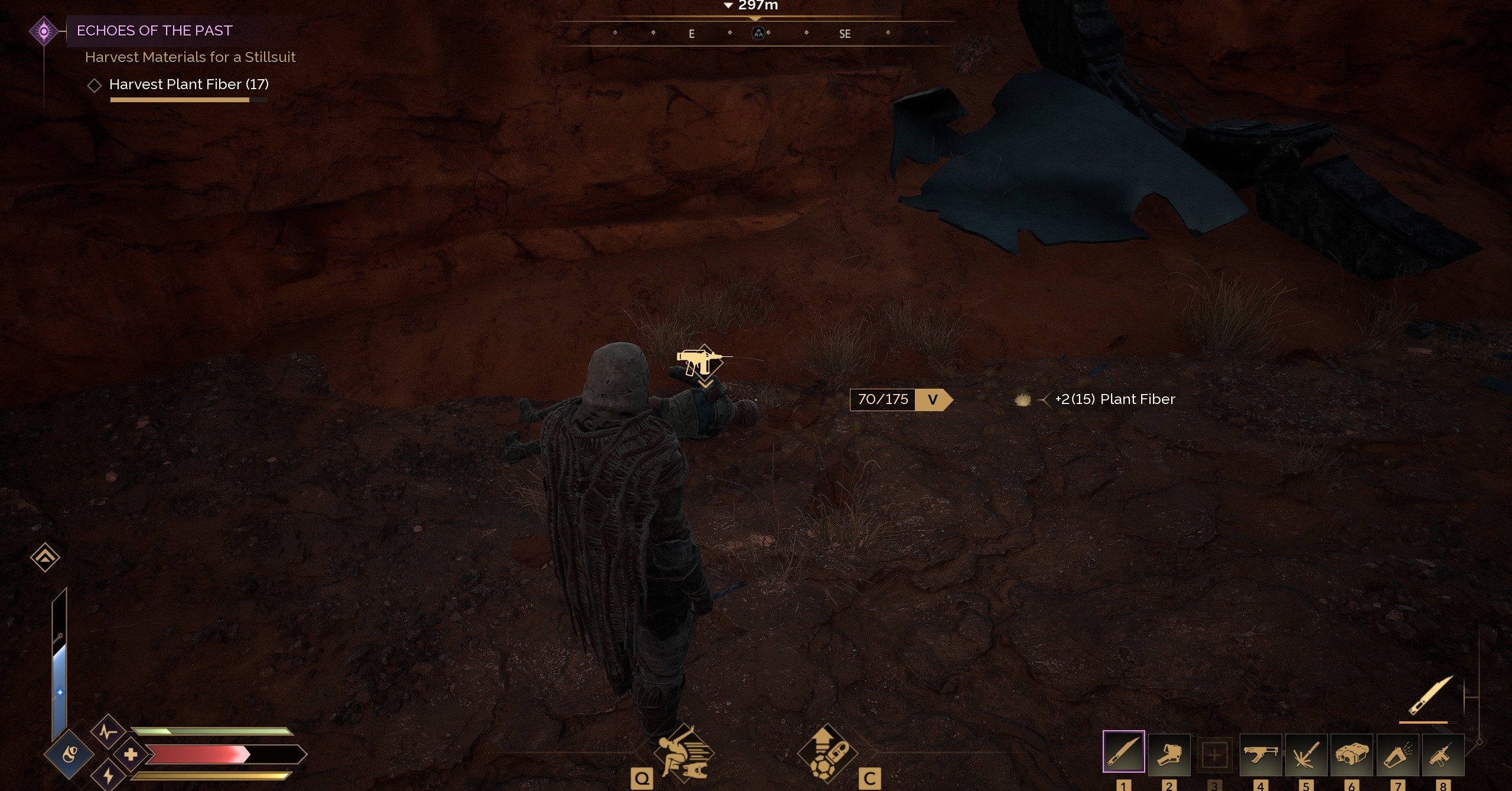 Um jogador de despertar da duna em pé sobre um inimigo caído, preparando -se para extrair sangue Um jogador de despertar da duna em pé sobre um inimigo caído, preparando -se para extrair sangue