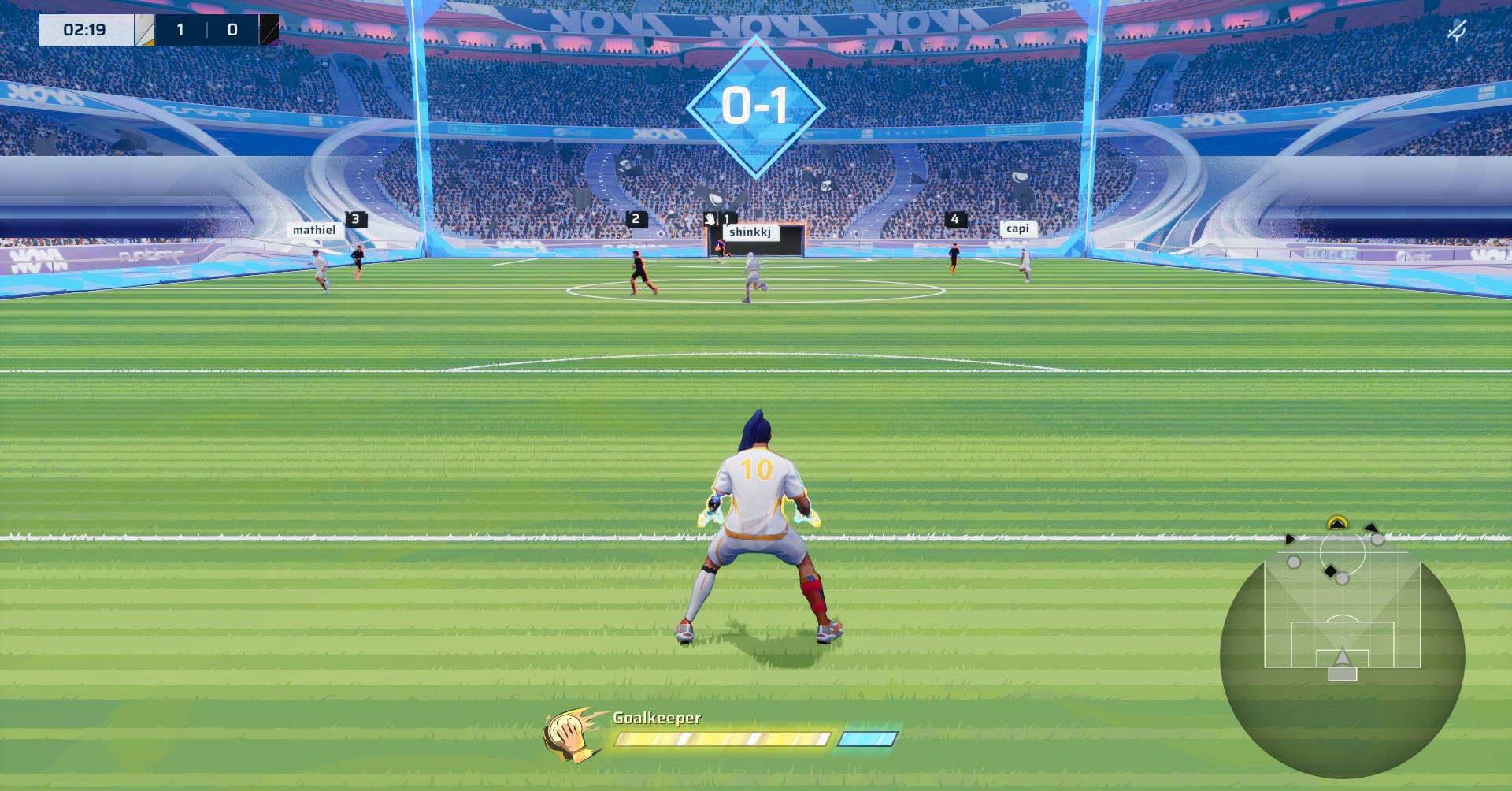 Uma captura de tela revanche mostrando o personagem desempenhando o papel do goleiro.