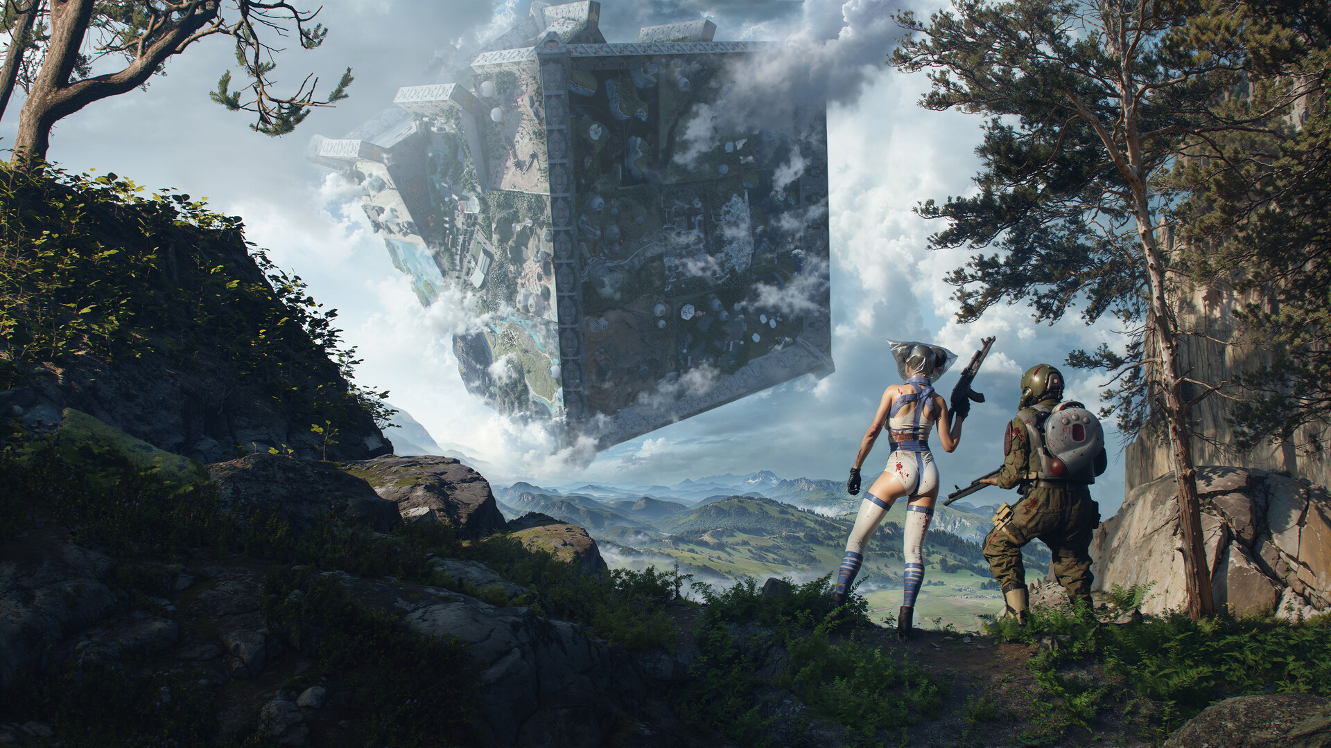 Dois caracteres olham para o cubo em arte -chave para o cubo