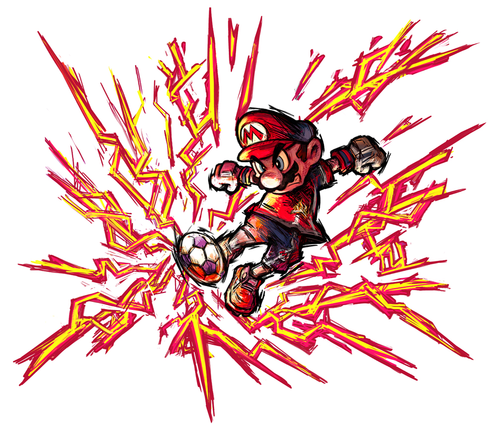 Uma ilustração de Mario chutando uma bola estalando com energia vermelha em Super Mario Strikers
