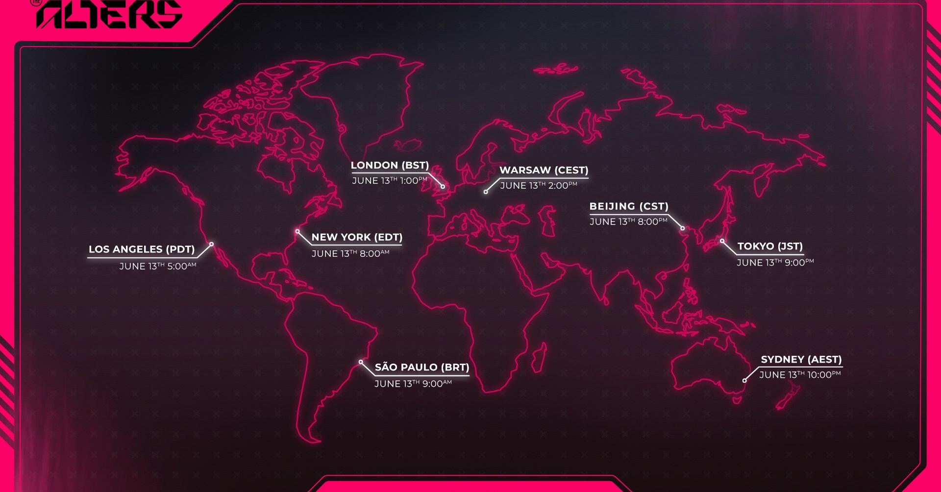 Um mapa mundial com vários tempos de lançamento por fuso horário para o videogame The Alters. Um mapa mundial com vários tempos de lançamento por fuso horário para o videogame The Alters.