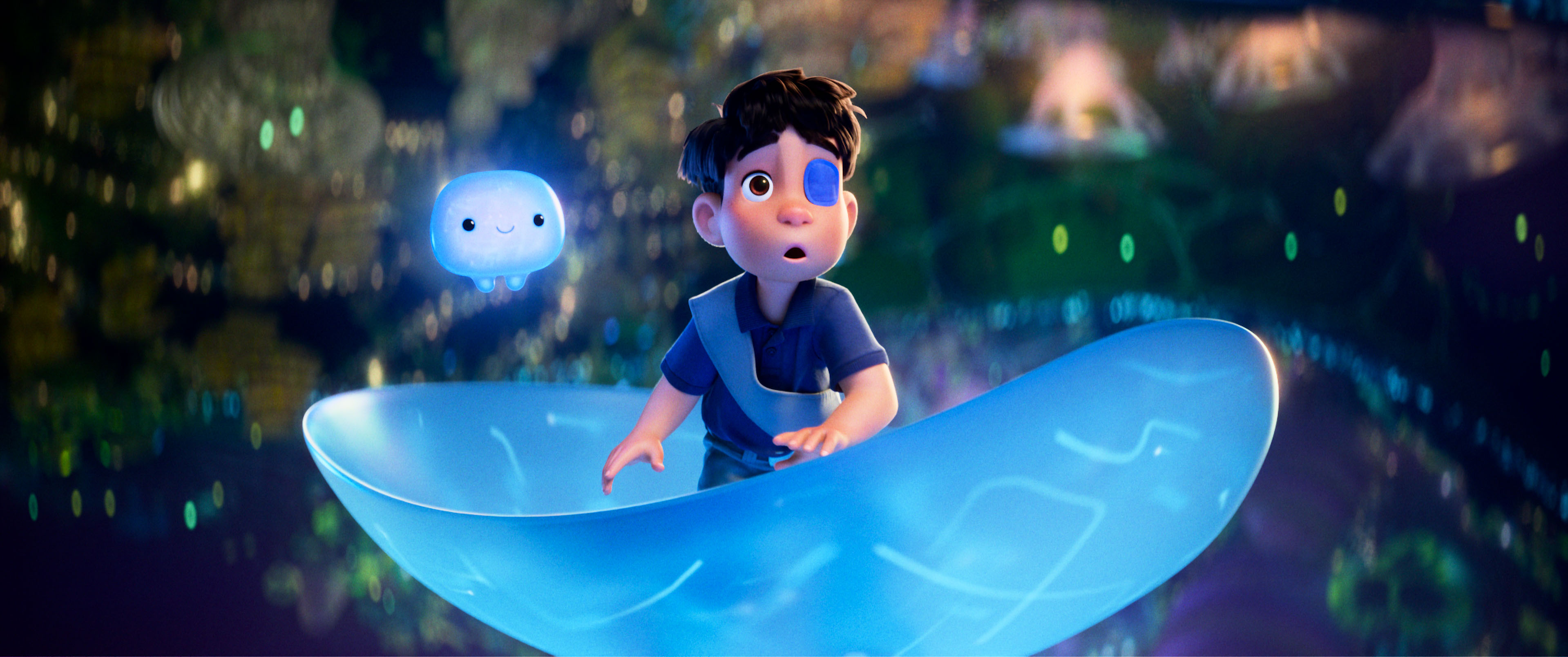 Elio e um cara lil de Blobby pairam em um meio círculo azul