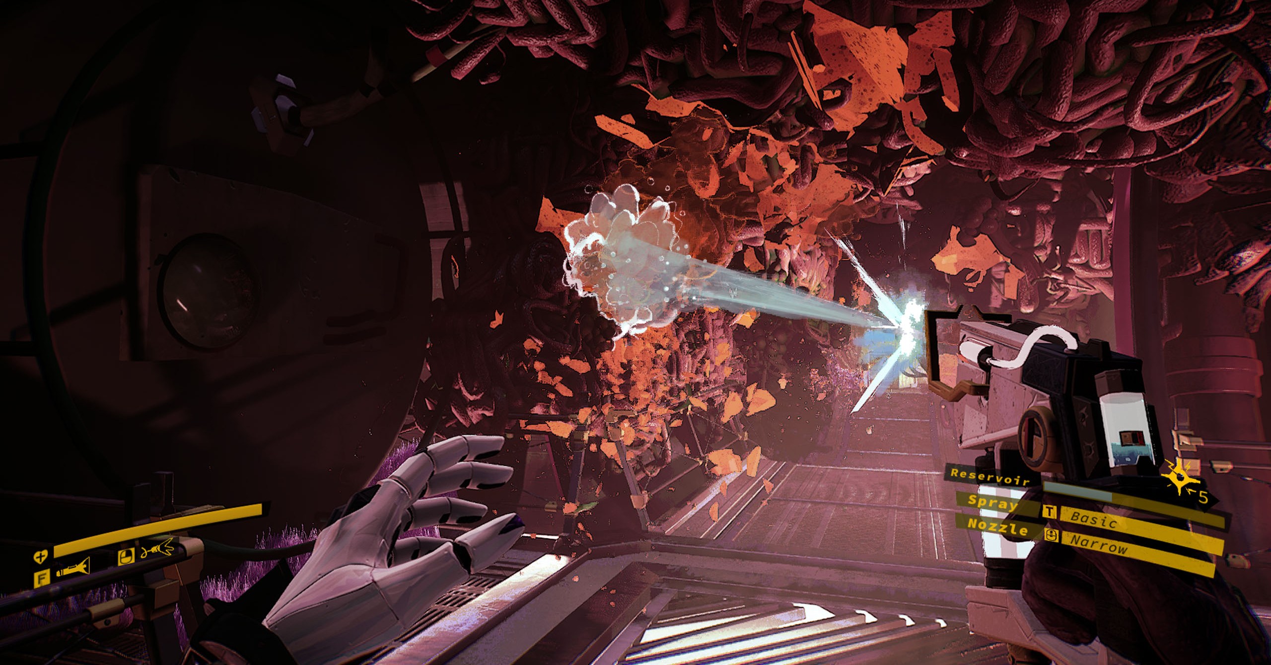 A protagonista da Ambrosia Sky atira em sua pistola de água em um monte de fungos na parede de uma estação espacial A protagonista da Ambrosia Sky atira em sua pistola de água em um monte de fungos na parede de uma estação espacial