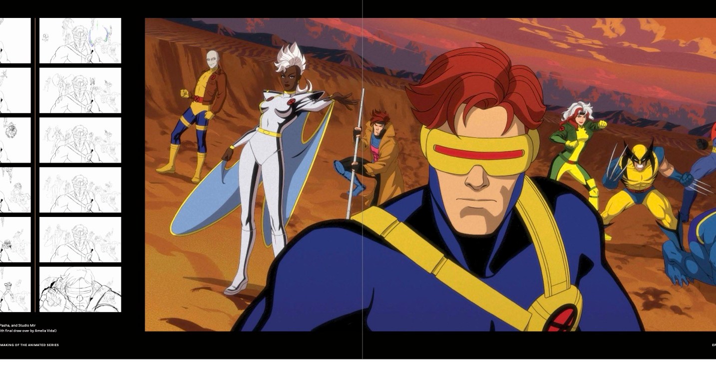 Cyclops fica em frente aos X-Men, à esquerda são storyboards da pose Cyclops fica em frente aos X-Men, à esquerda são storyboards da pose