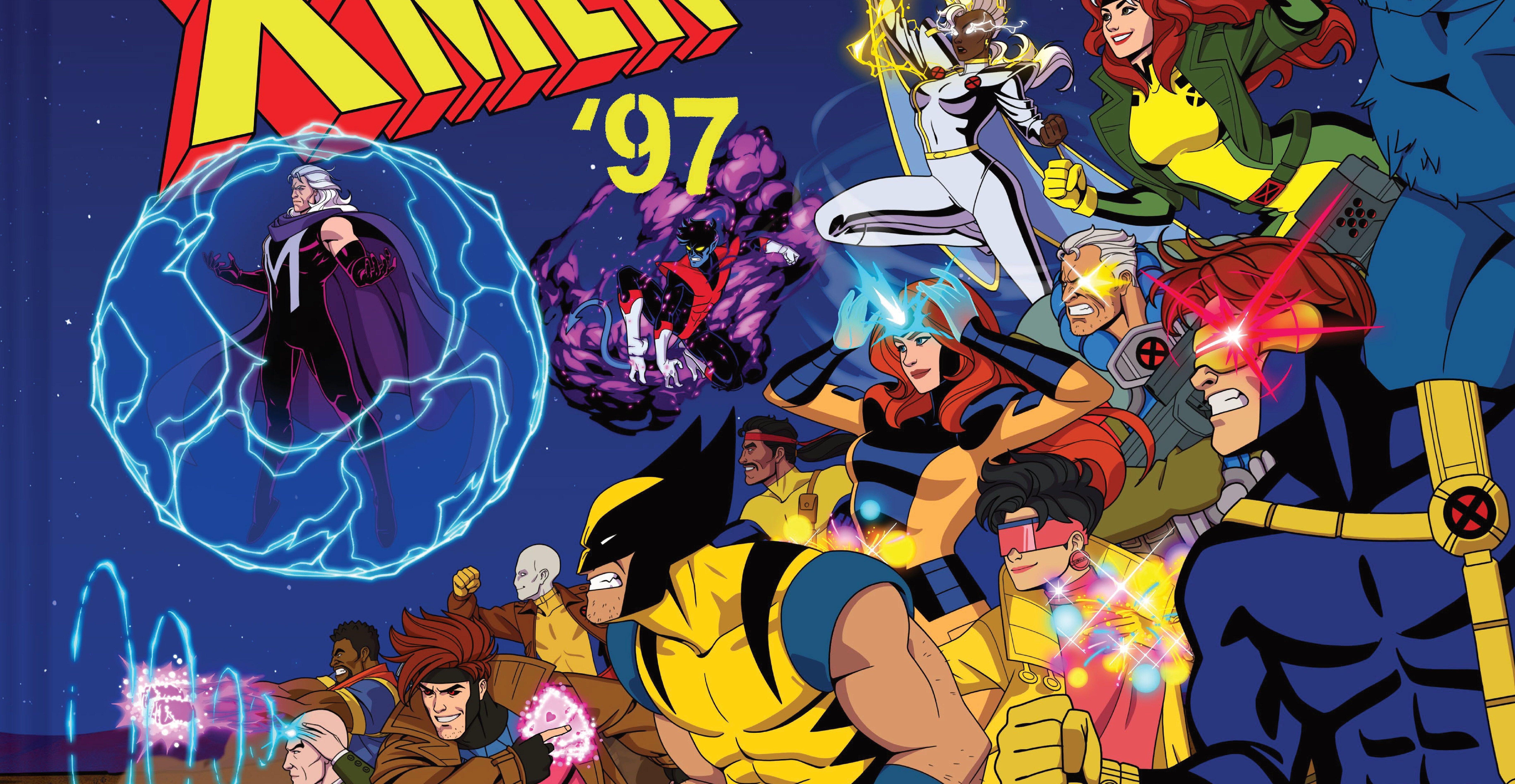 Capa de X-Men 97 Art Book com a equipe completa se reunindo em batalha Capa de X-Men 97 Art Book com a equipe completa se reunindo em batalha