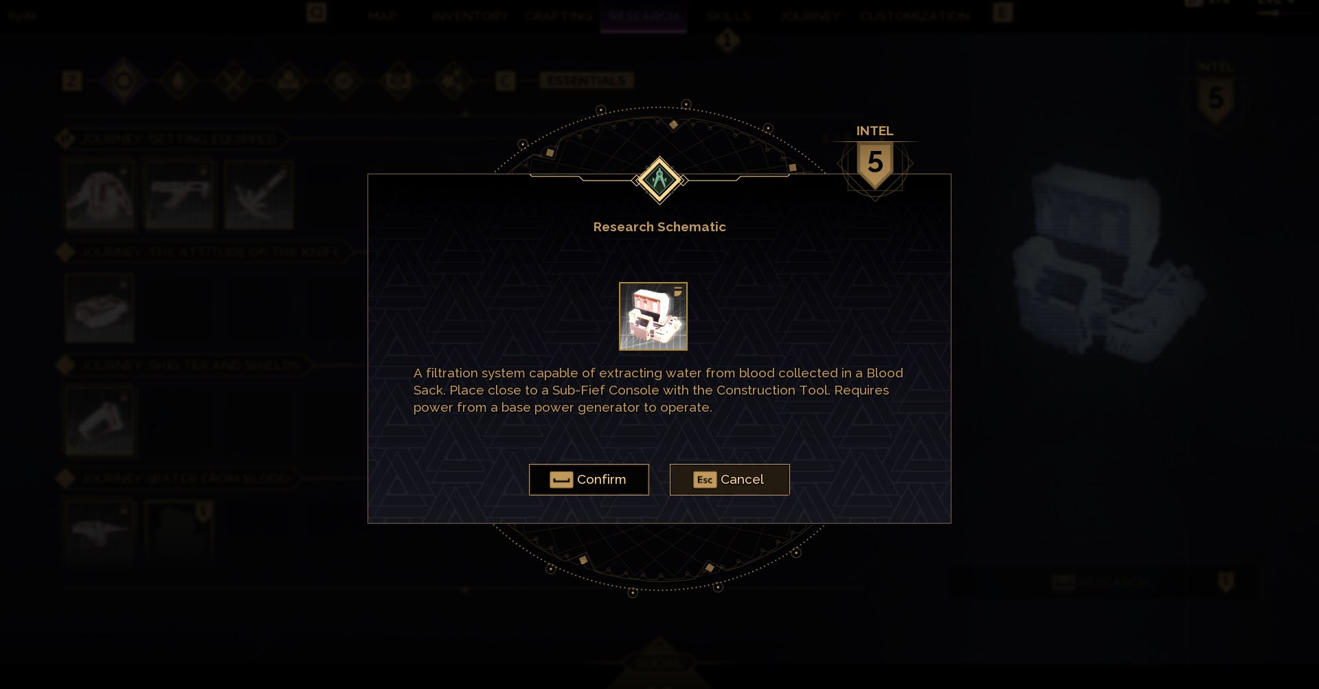 Uma duna: Captura de tela de despertar mostrando uma caixa de mensagem explicando os esquemas do purificador de sangue e como usar a máquina. Uma duna: Captura de tela de despertar mostrando uma caixa de mensagem explicando os esquemas do purificador de sangue e como usar a máquina.