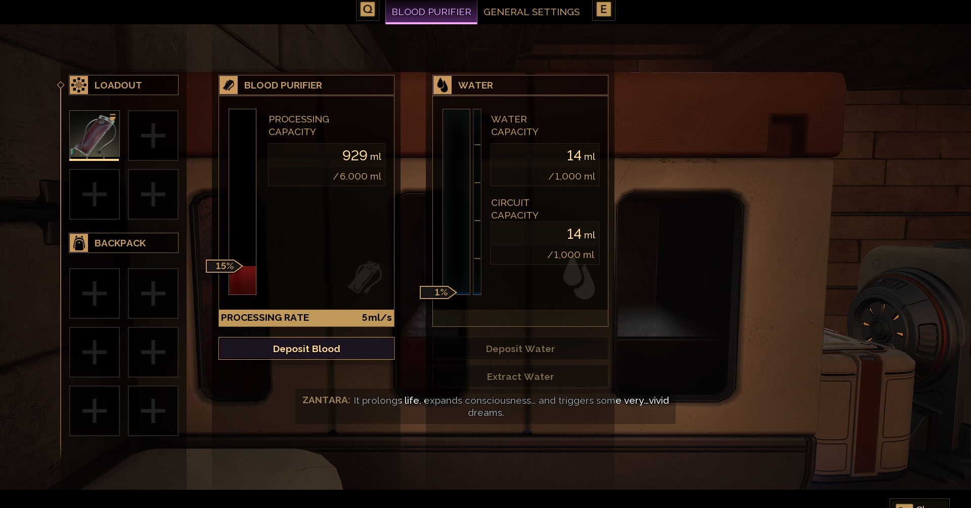Dune: Awakening ScreenShot mostrando o painel de purificador de sangue e 929 ml de sangue sendo processado para se tornar água. Dune: Awakening ScreenShot mostrando o painel de purificador de sangue e 929 ml de sangue sendo processado para se tornar água.