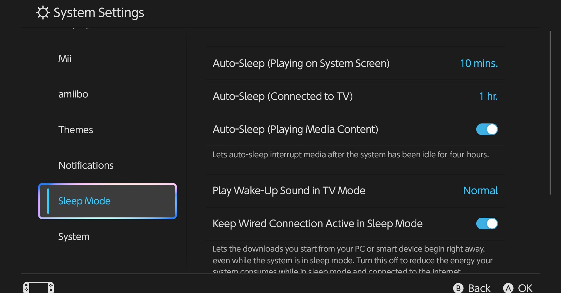 O menu de configurações do sono no interruptor 2 O menu de configurações do sono no interruptor 2