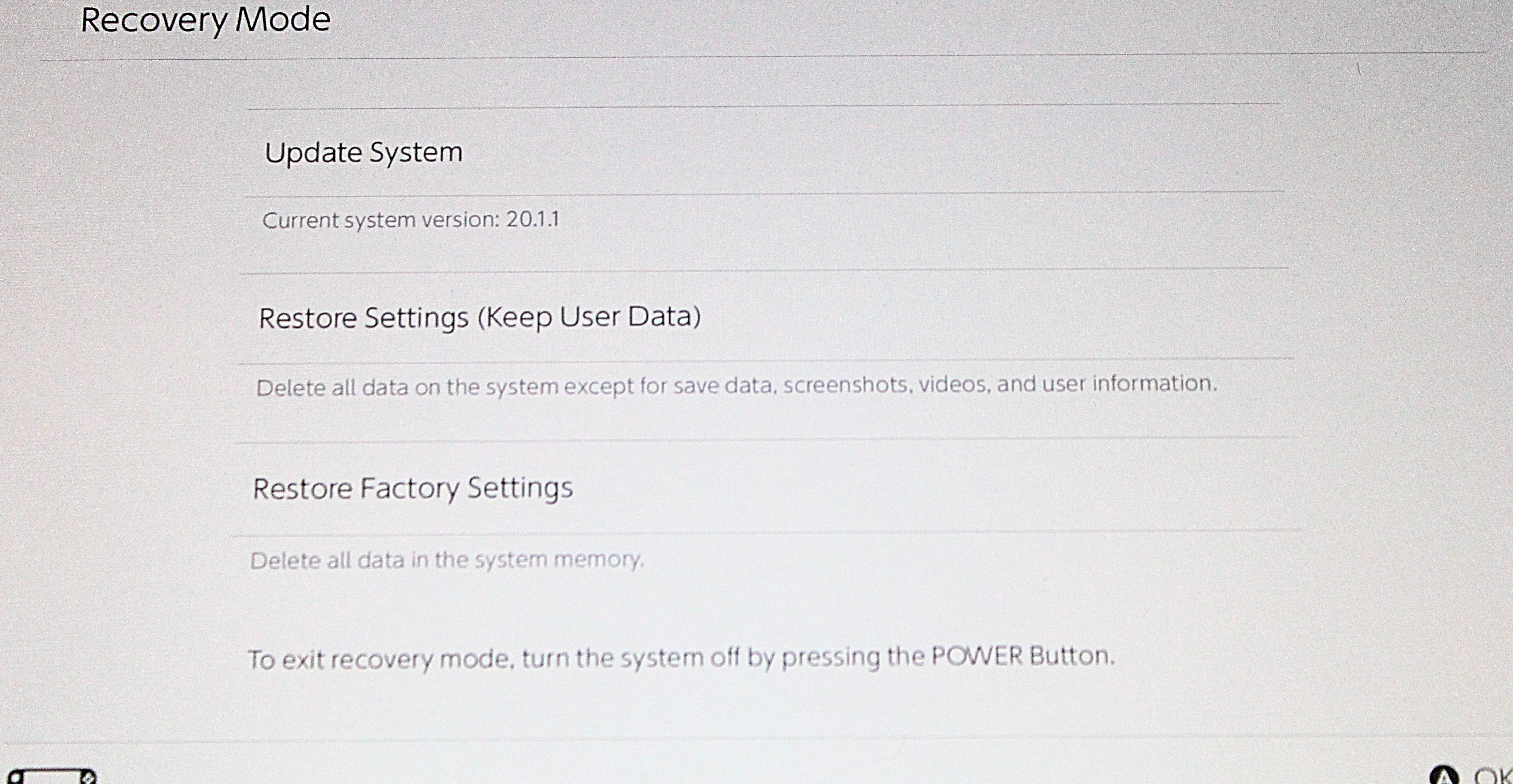 A tela do modo de recuperação no interruptor 2 A tela do modo de recuperação no interruptor 2