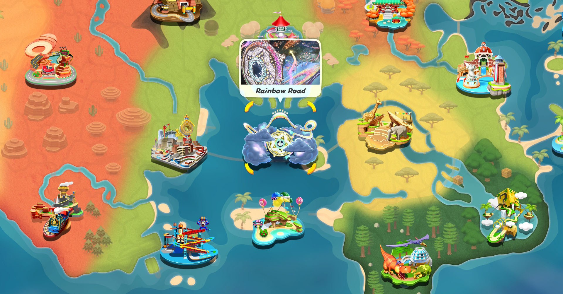 Uma captura de tela do Mario Kart World mostra a tela de seleção de faixas ao jogar multiplayer.