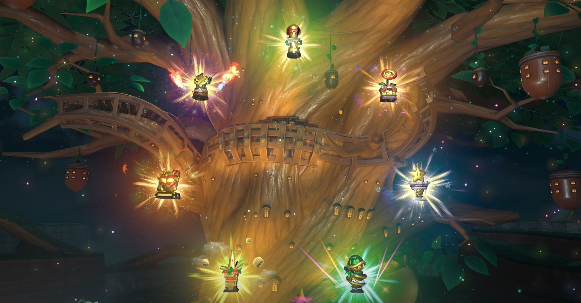 Uma captura de tela mundial de Mario Kart mostrando os sete troféus das sete xícaras no modo Grande Prêmio