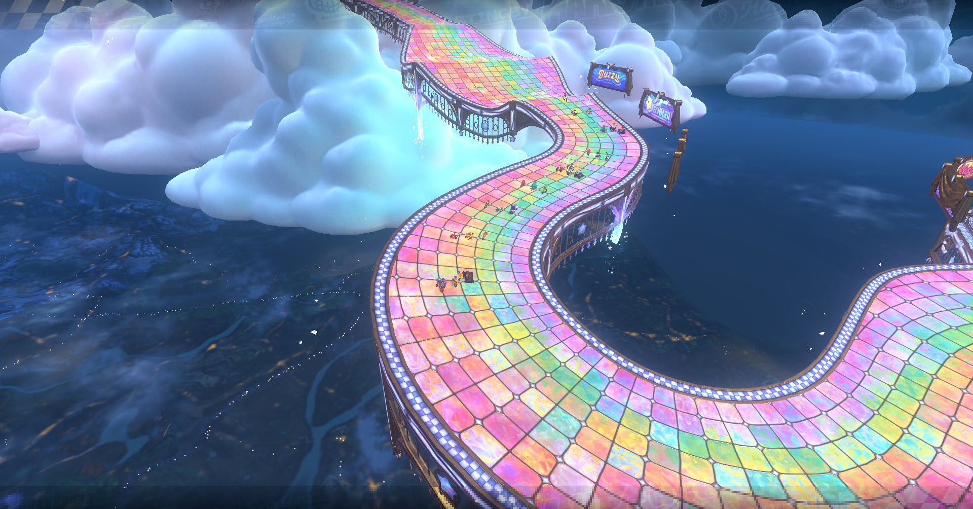 Uma captura de tela mundial de Mario Kart mostrando a pista da Rainbow Road de cima.