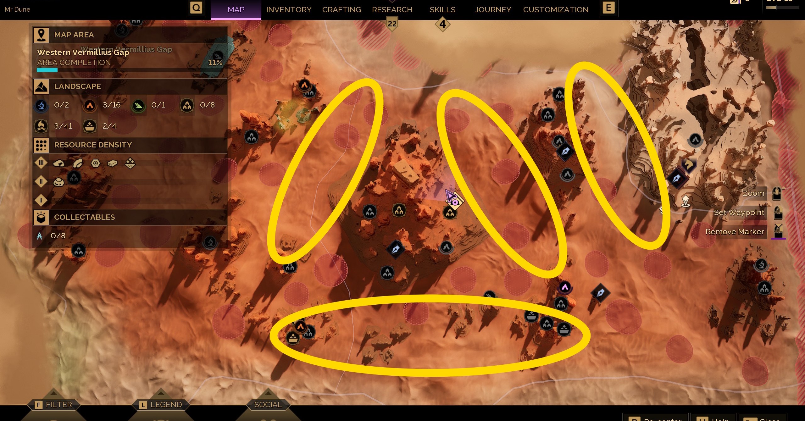 Um mapa mostrando onde encontrar pontos de desova de areia de farinha no Dune Awakening