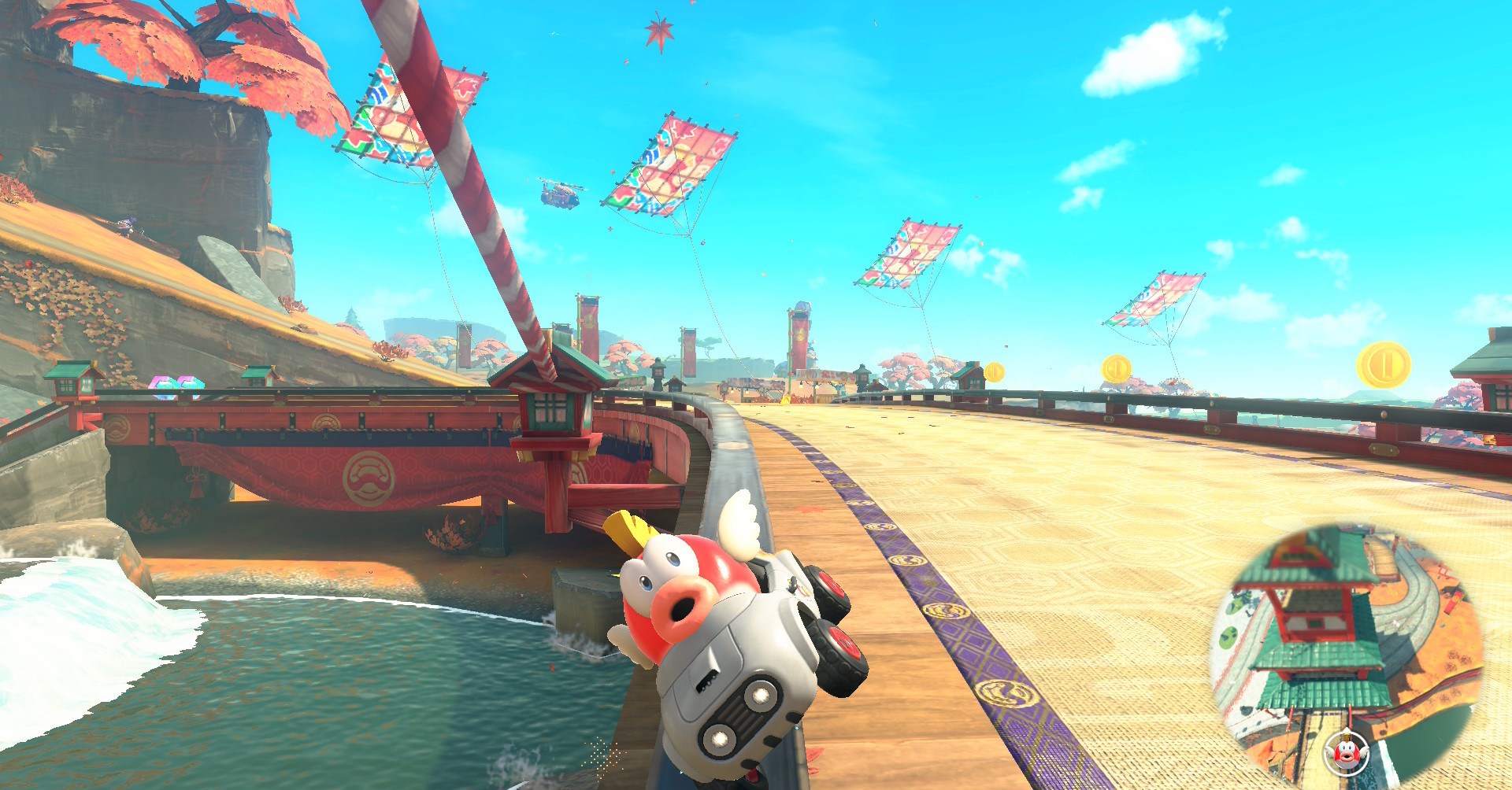 Cheep Cheep montando um trilho na área de Mario Kart World Cheep Cheep Falls Cheep Cheep montando um trilho na área de Mario Kart World Cheep Cheep Falls