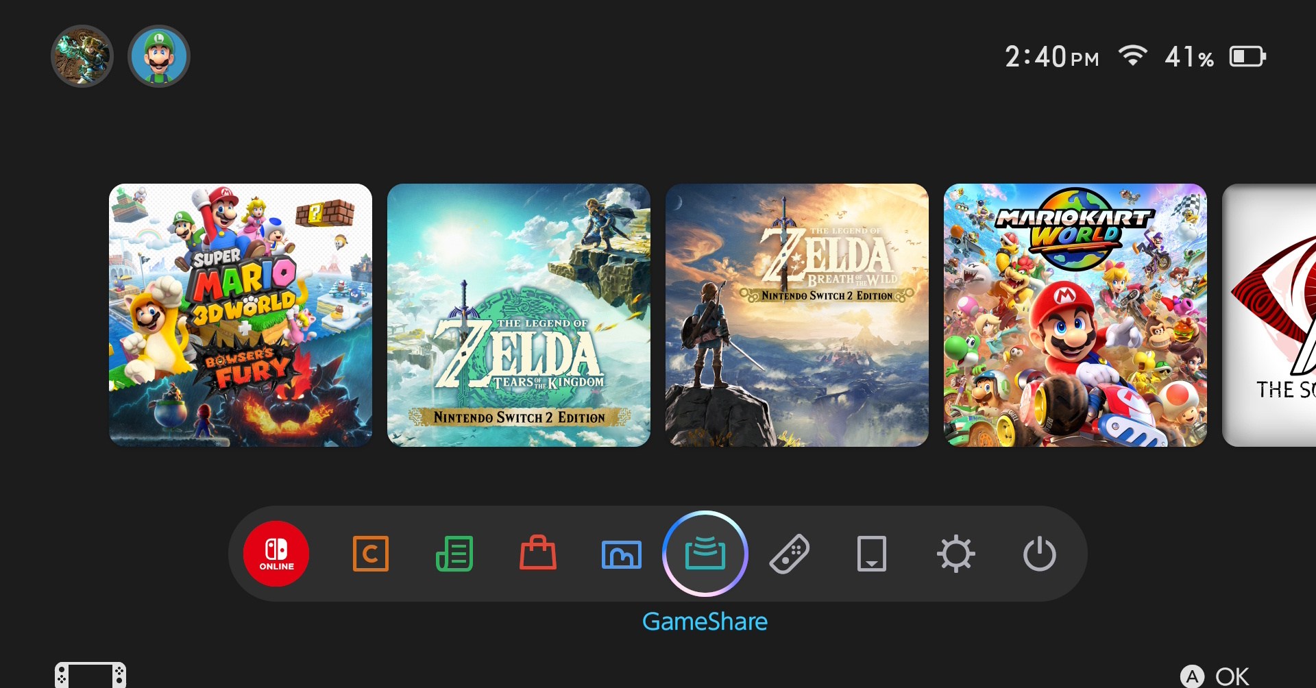 Uma tela de menu Switch 2 com a opção GameShare destacada