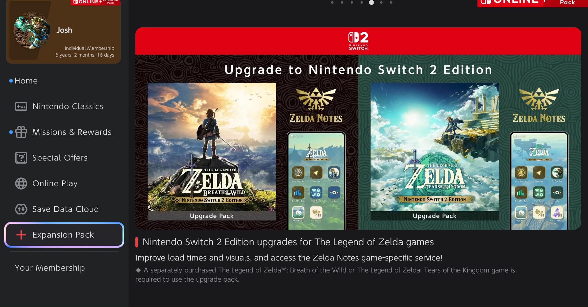 O Menu do Pacote de Expansão Online da Switch mostrando lágrimas dos pacotes de atualização do Reino e Breath of the Wild