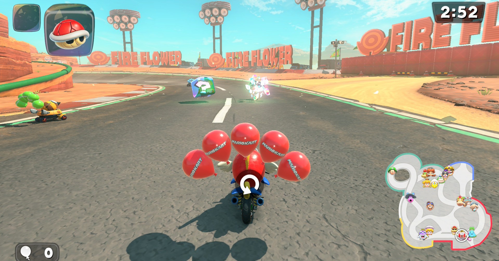 Um tempo de rebobinagem de cheep-cheep para evitar um obstáculo no modo de batalha de Mario Kart World