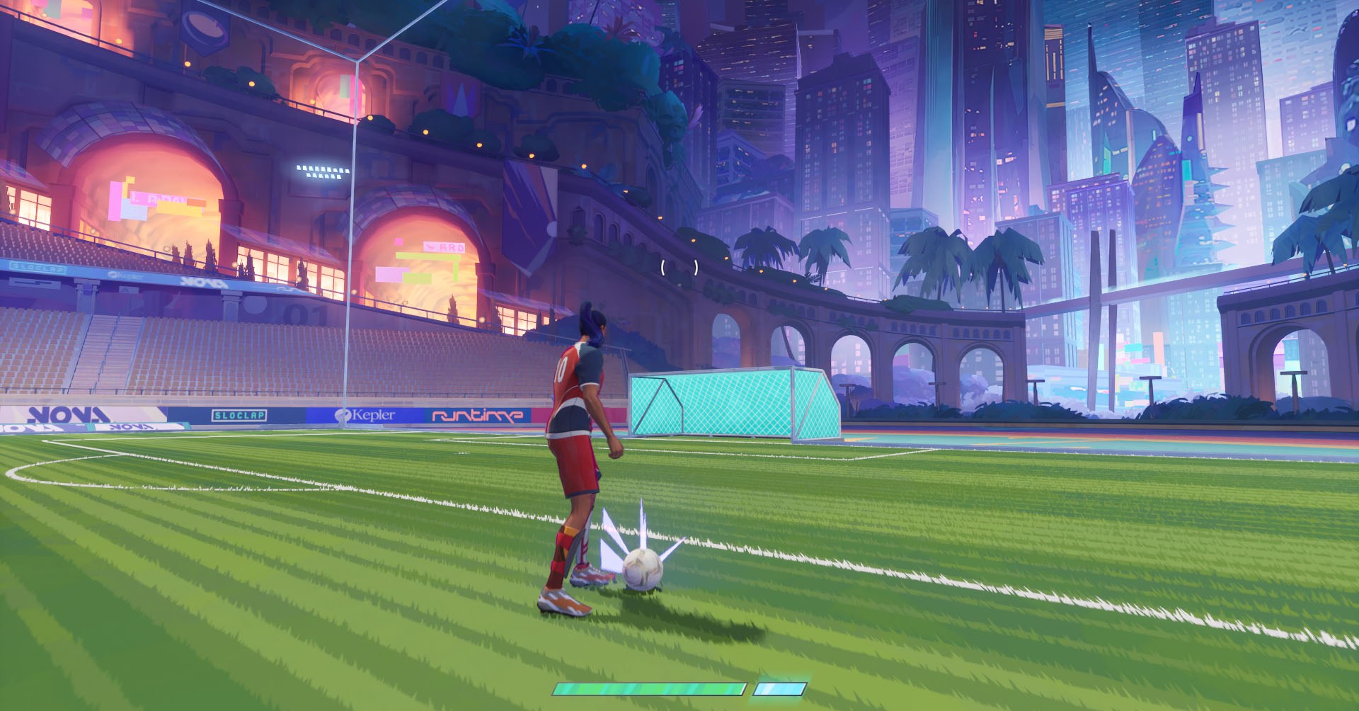 Uma captura de tela revanche mostrando um personagem com a bola na frente do gol. Uma captura de tela revanche mostrando um personagem com a bola na frente do gol.