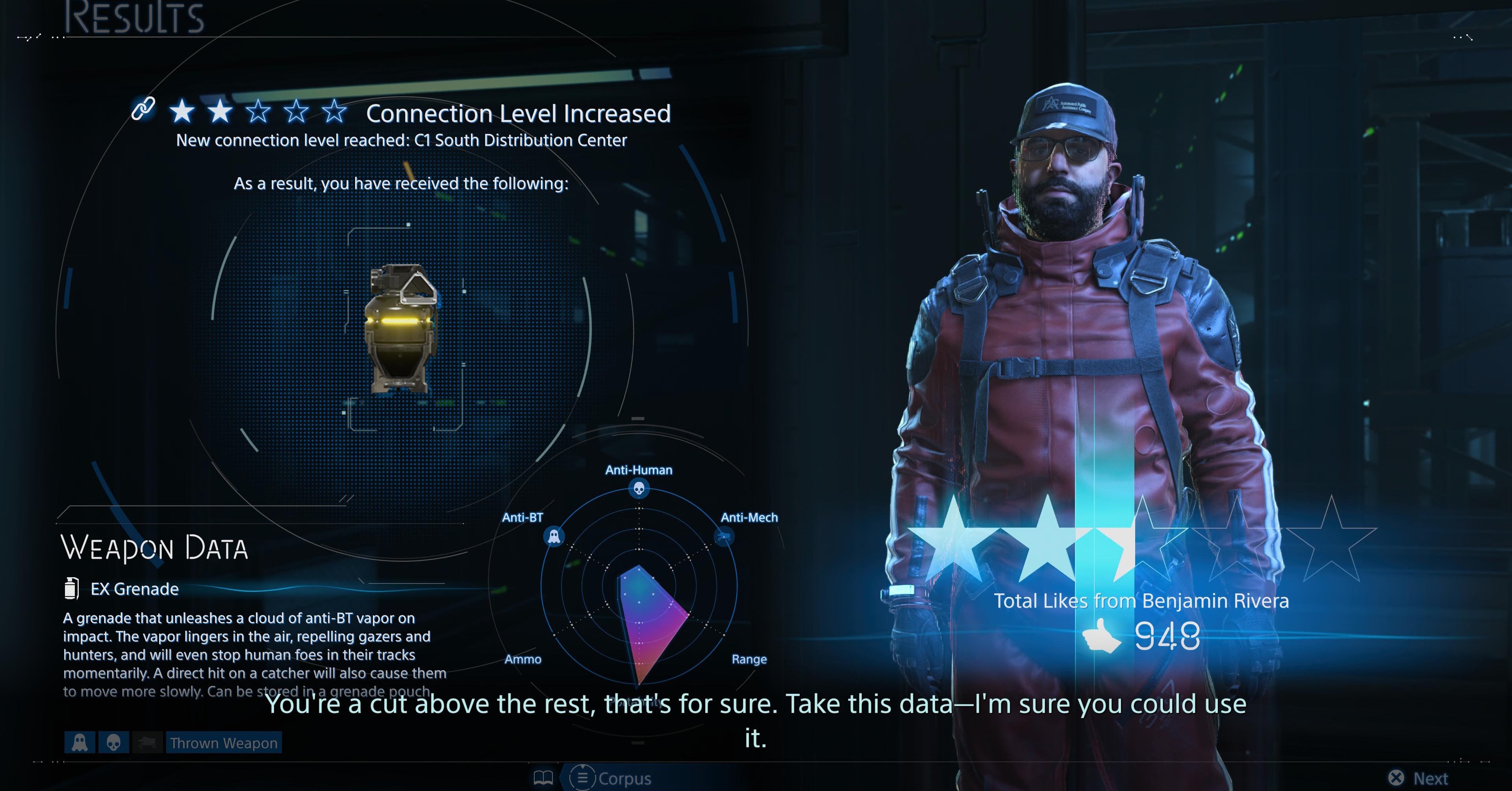 Uma tela de avaliação de pedidos e nível de conexão em Death Stranding 2 Uma tela de avaliação de pedidos e nível de conexão em Death Stranding 2