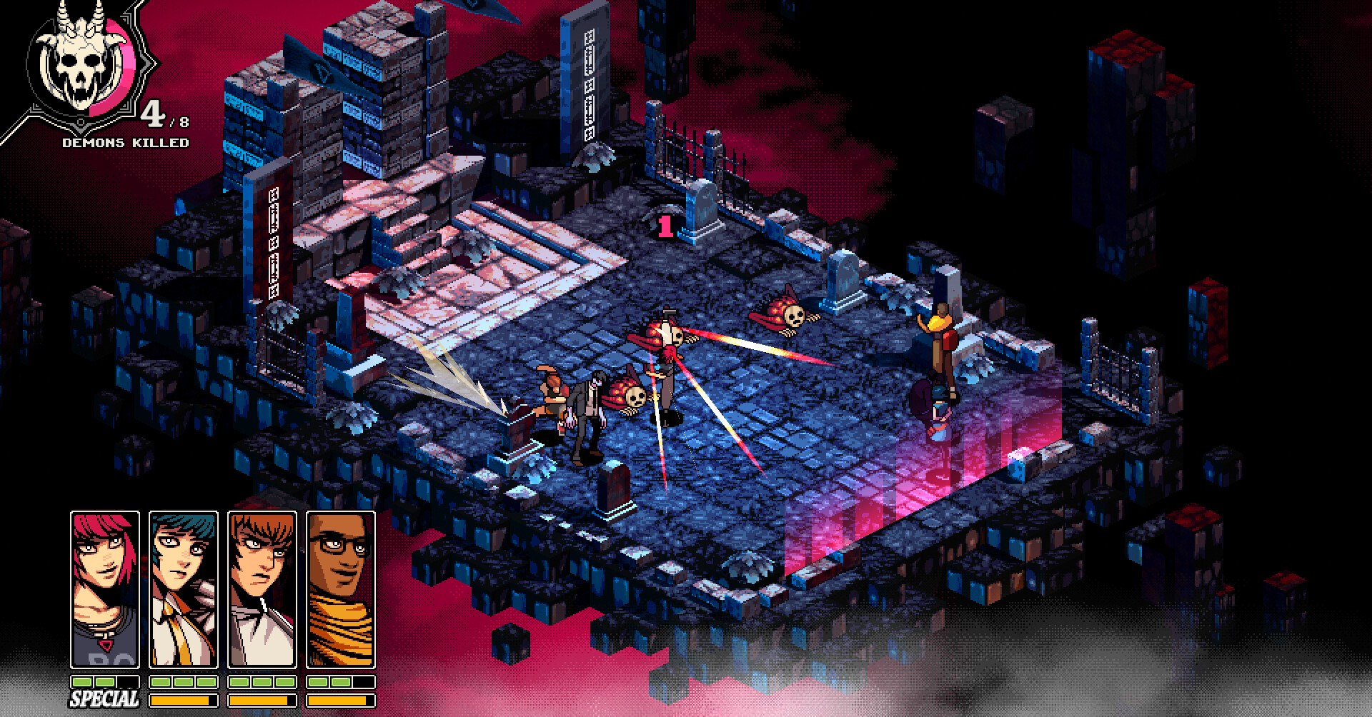 Uma captura de tela do campo de batalha em Demonschool, que descreve uma visão isométrica de vários combatentes fazendo batalha em uma estrutura de pedra