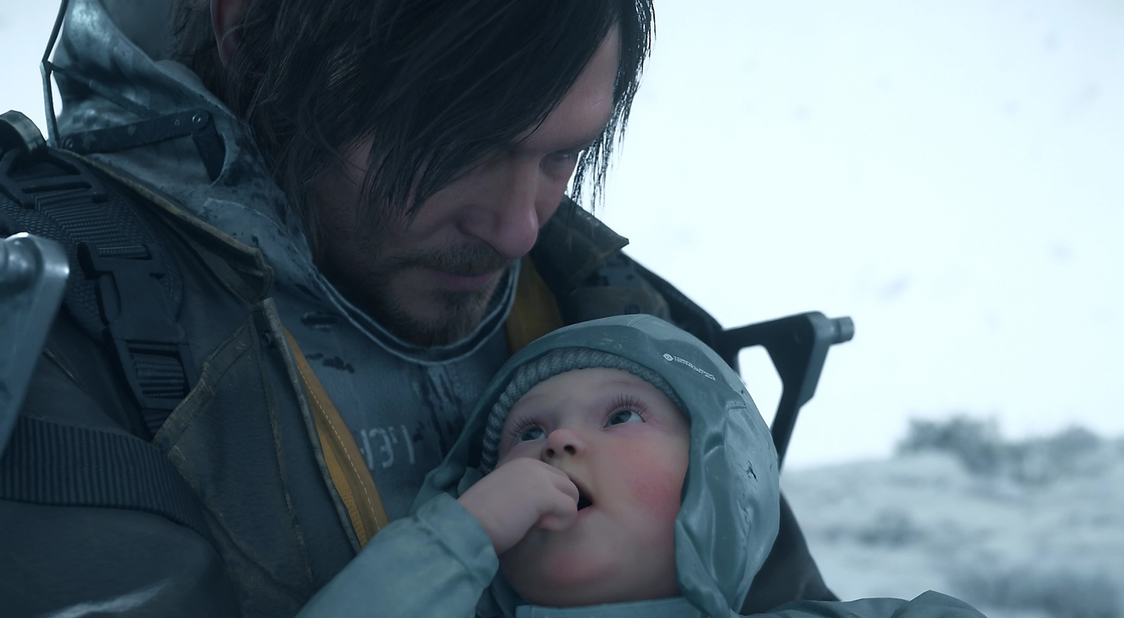 Norman Reedus como Sam Death Stranding mantém um bebê em um dia nublado enquanto pensa em Death Stranding 2 impressões.