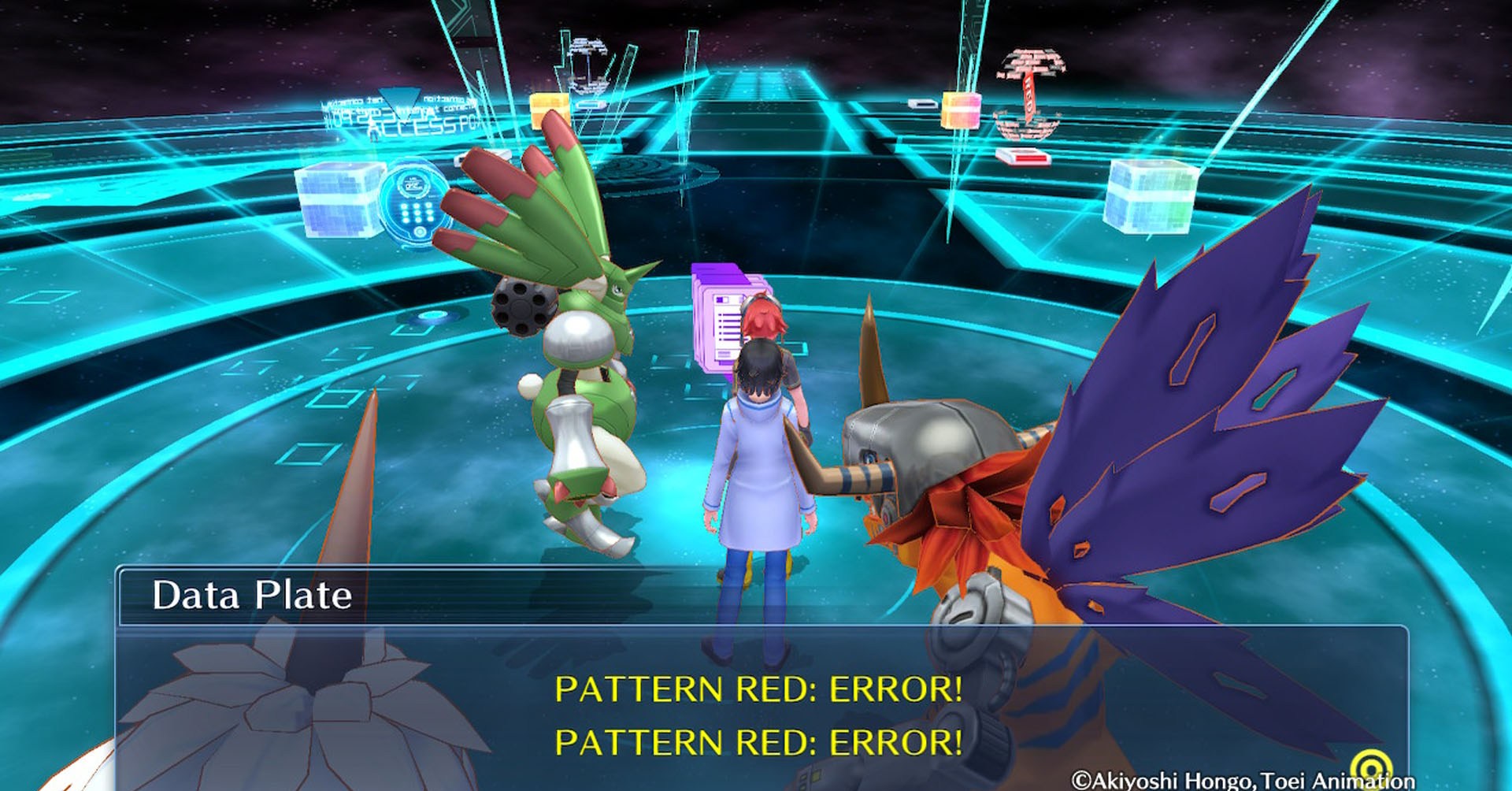 Dois caracteres seguidos por três Digimon.  Dois caracteres seguidos por três Digimon.