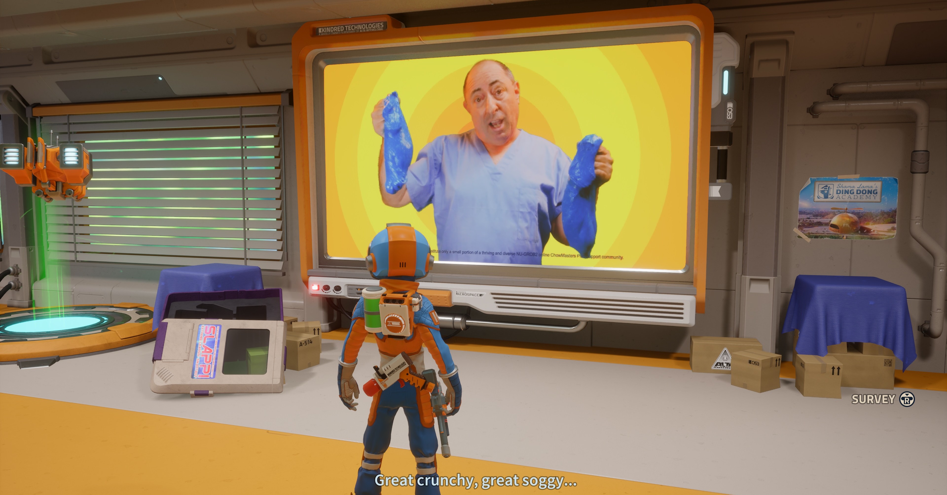 Astronauta olha para um comercial de lodo no habitat espacial em vingança do planeta selvagem Astronauta olha para um comercial de lodo no habitat espacial em vingança do planeta selvagem