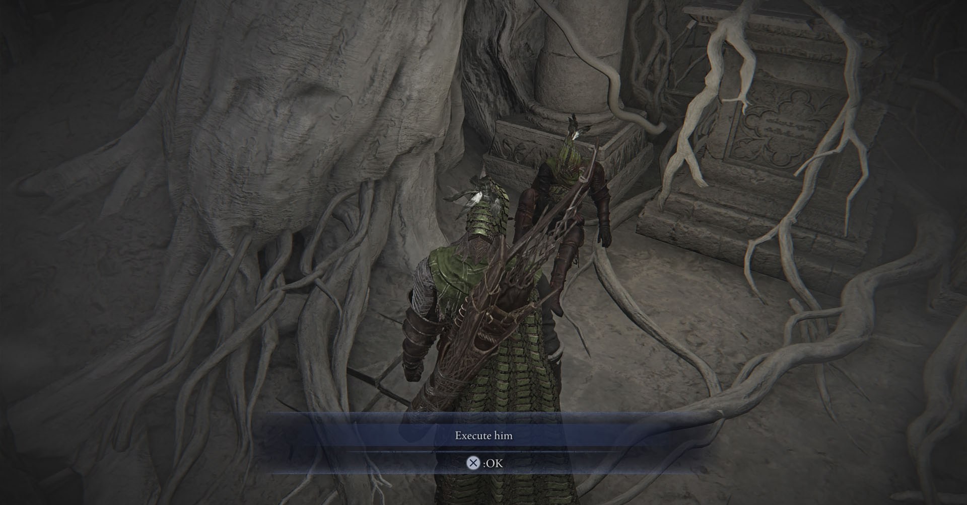 Uma captura de tela de Elden Ring Nightreign mostrando Ironeye olhando para o traidor com uma caixa de mensagem na tela, dando a você a chance de optar por executar o traidor. Uma captura de tela de Elden Ring Nightreign mostrando Ironeye olhando para o traidor com uma caixa de mensagem na tela, dando a você a chance de optar por executar o traidor.